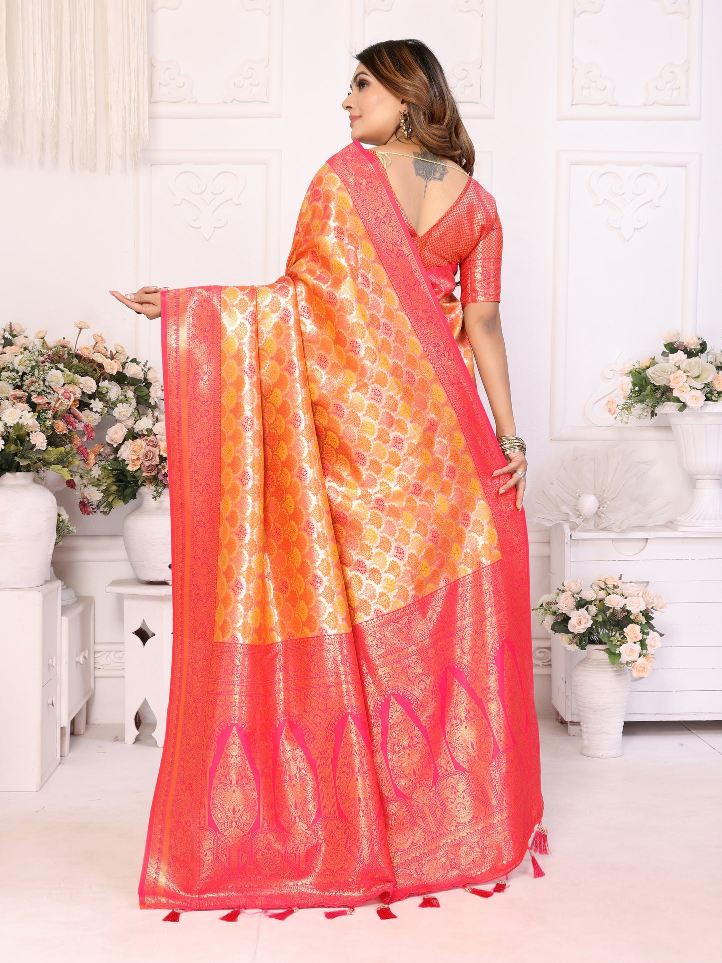 Orange Chaturi-1 Banarasi Chaturi silk saree Jari weaving Border and Weaving rich pallu