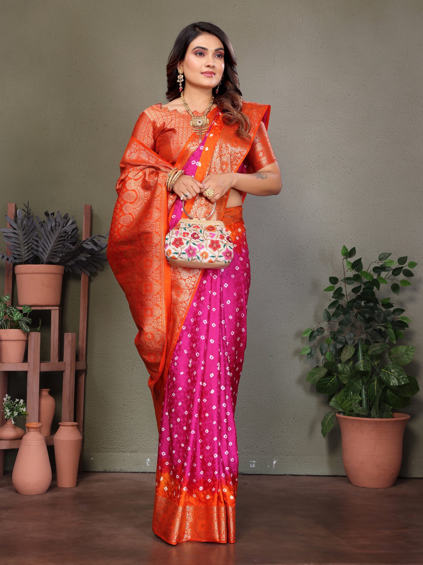Pink Satyavati Bandhej Satin Silk Saree Made By Original Bandhej With Zari Weaving Border