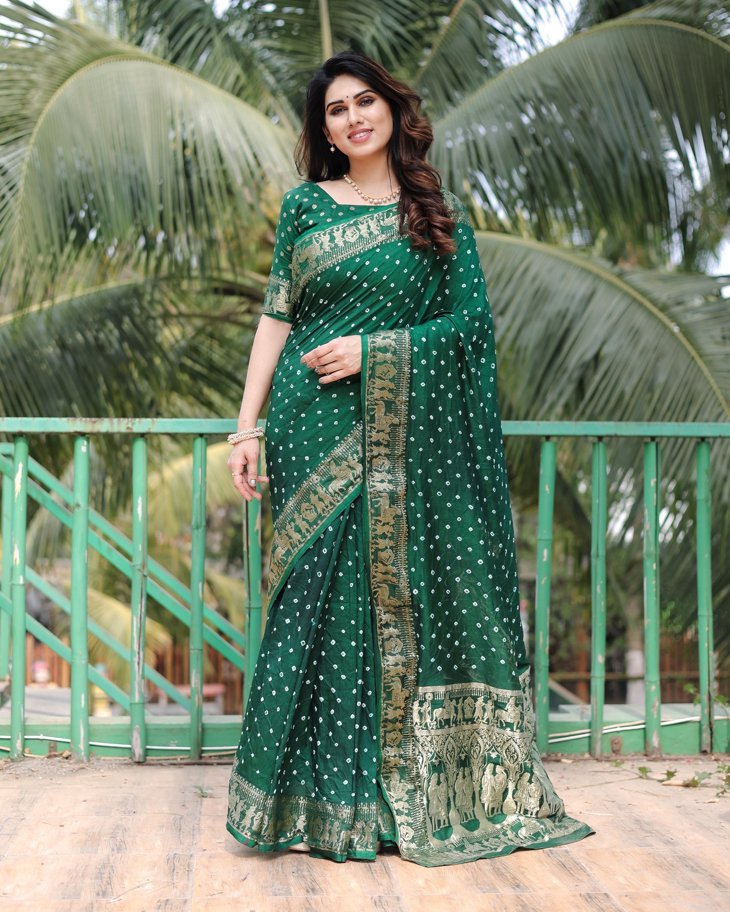 Green Mausami Pure Bandhej Silk Saree With Zari Weaving Border & Rich Pallu With Beautiful Design And Broad Border