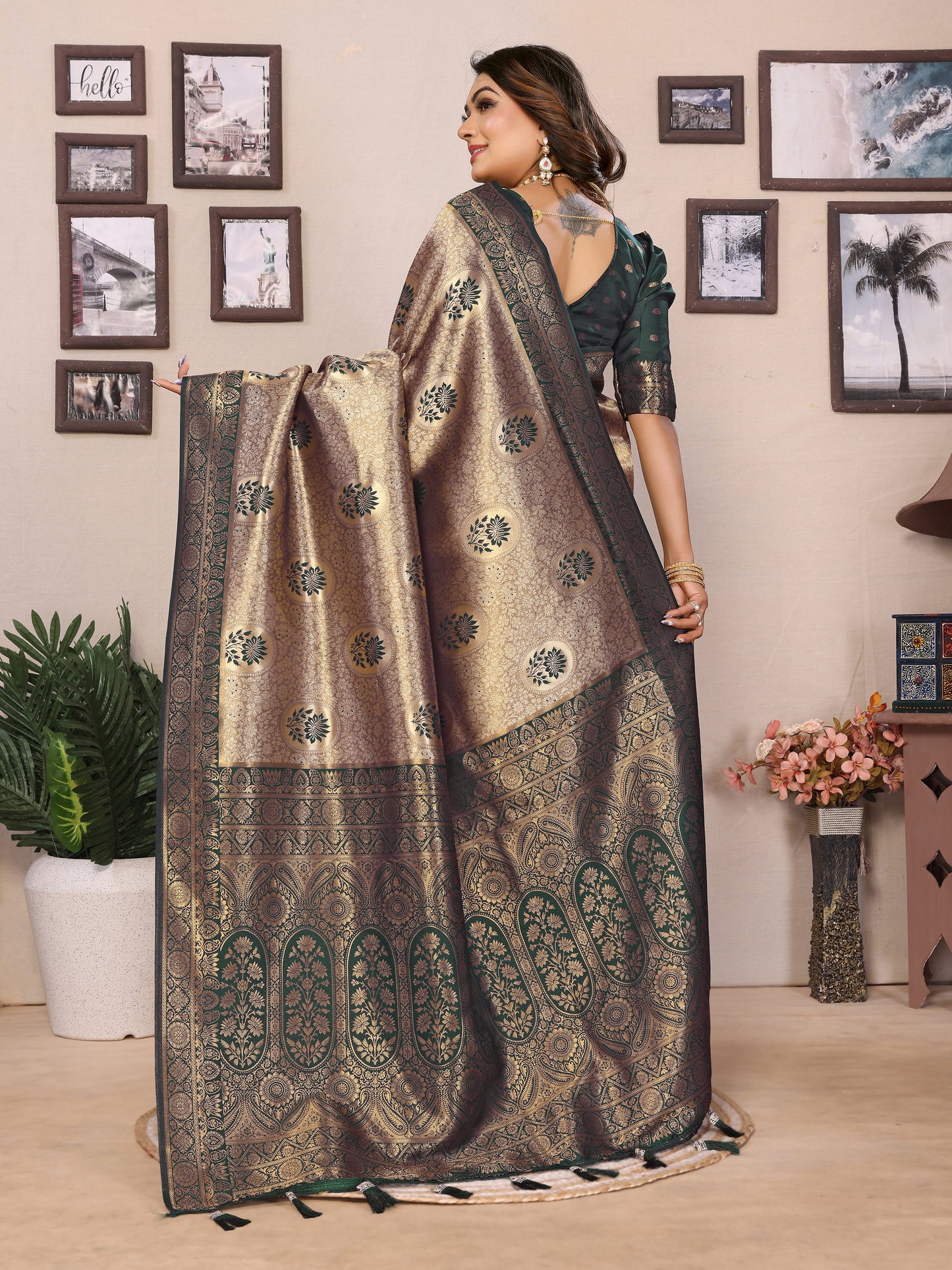 Green Mahek Handloom Tissue Silk Sarees with Zari Weaving and Contrast Zari border