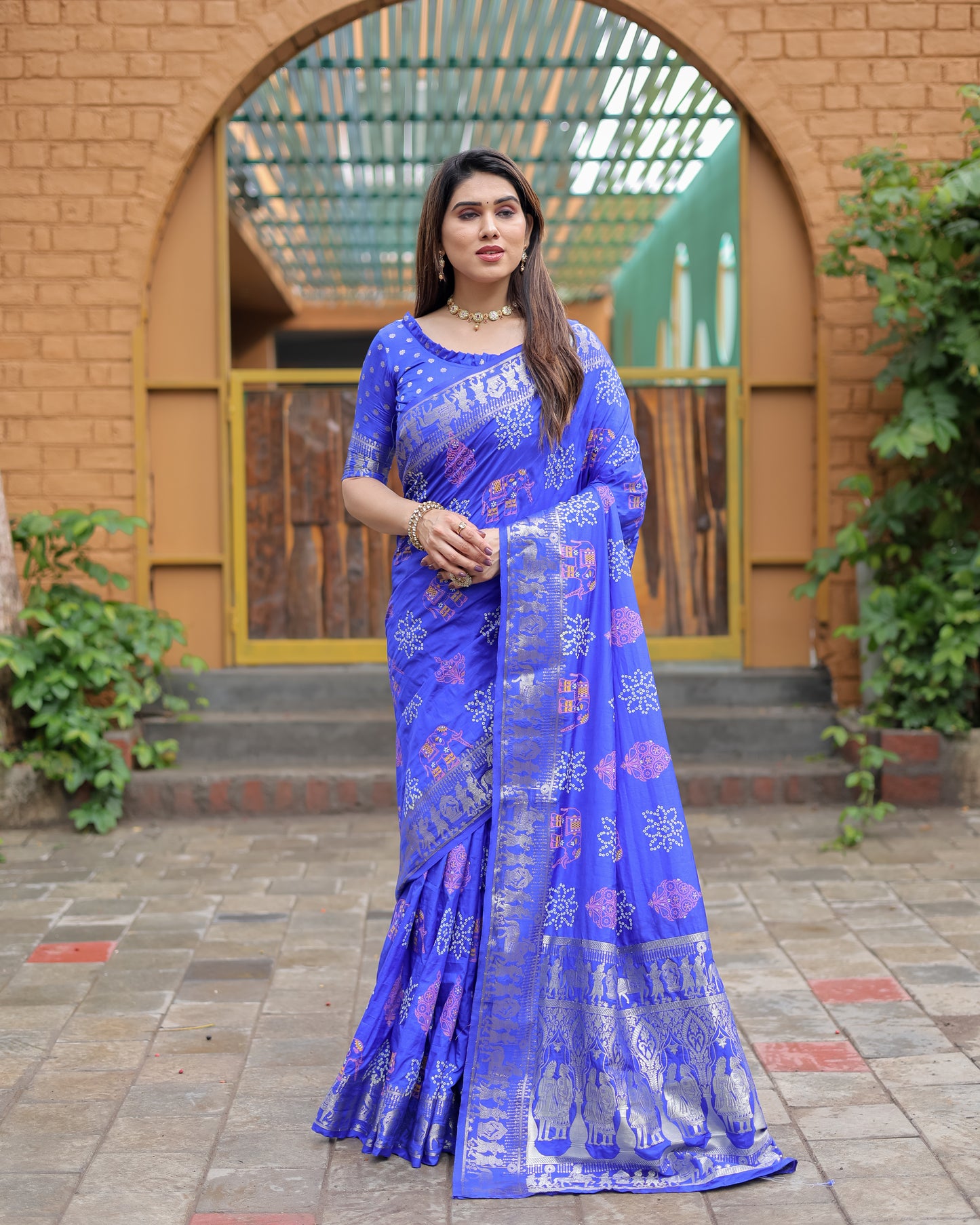 Blue Mastani Soft Dola Silk Bandhej Print Sarees With Kanchi Weaving Border And Allover Zari Border