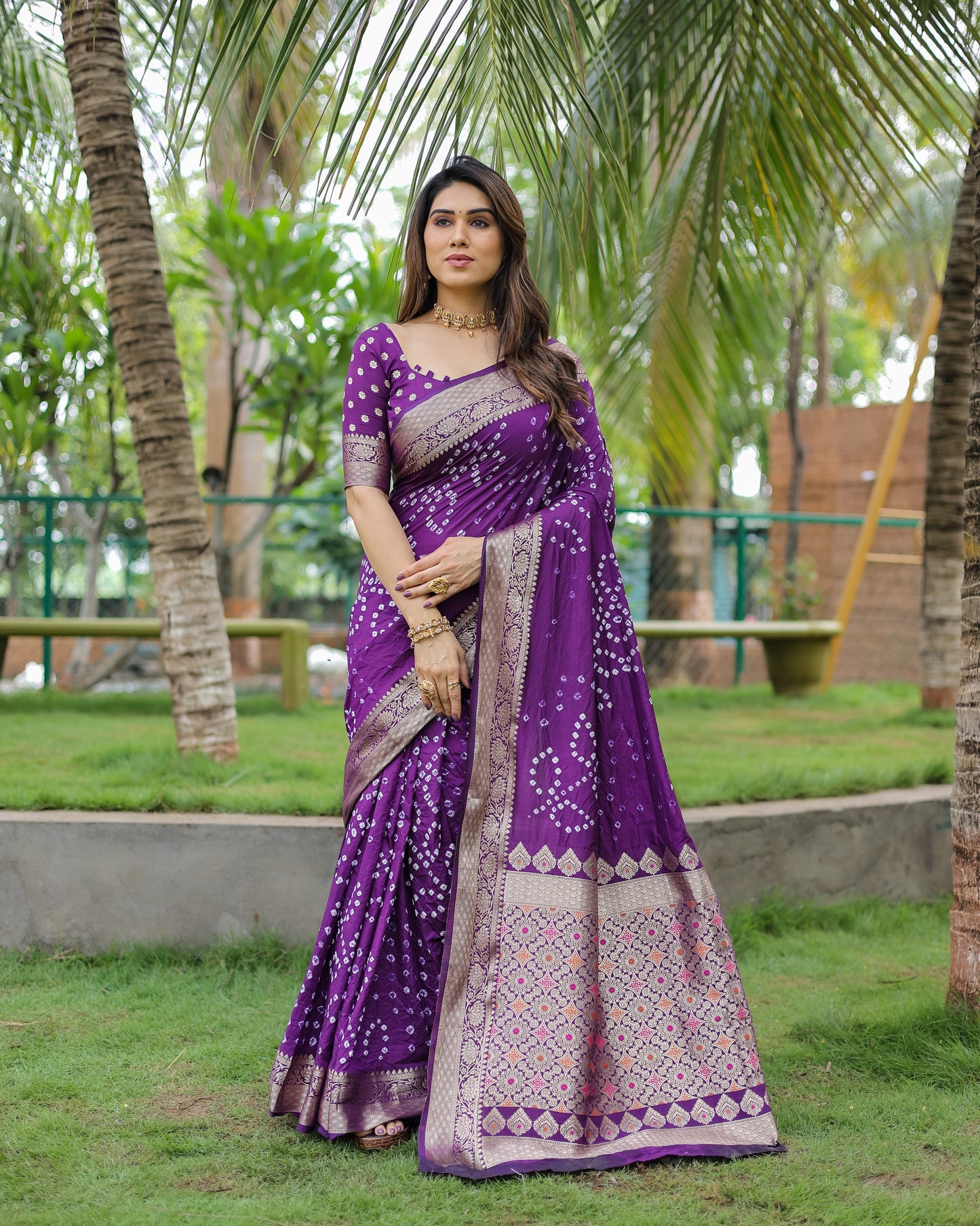 Purple Padmavati Dola Soft Silk Bandhej Saree With All Over Handmade Bandhej With Jari Weaving Border