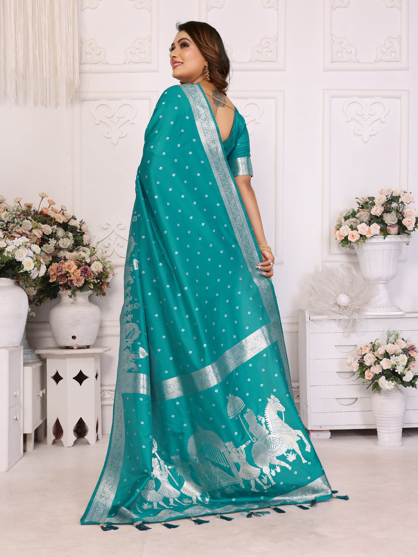 Sky Heena summer kochi silk saree with beautiful Bandhej weaving work soft comfy....