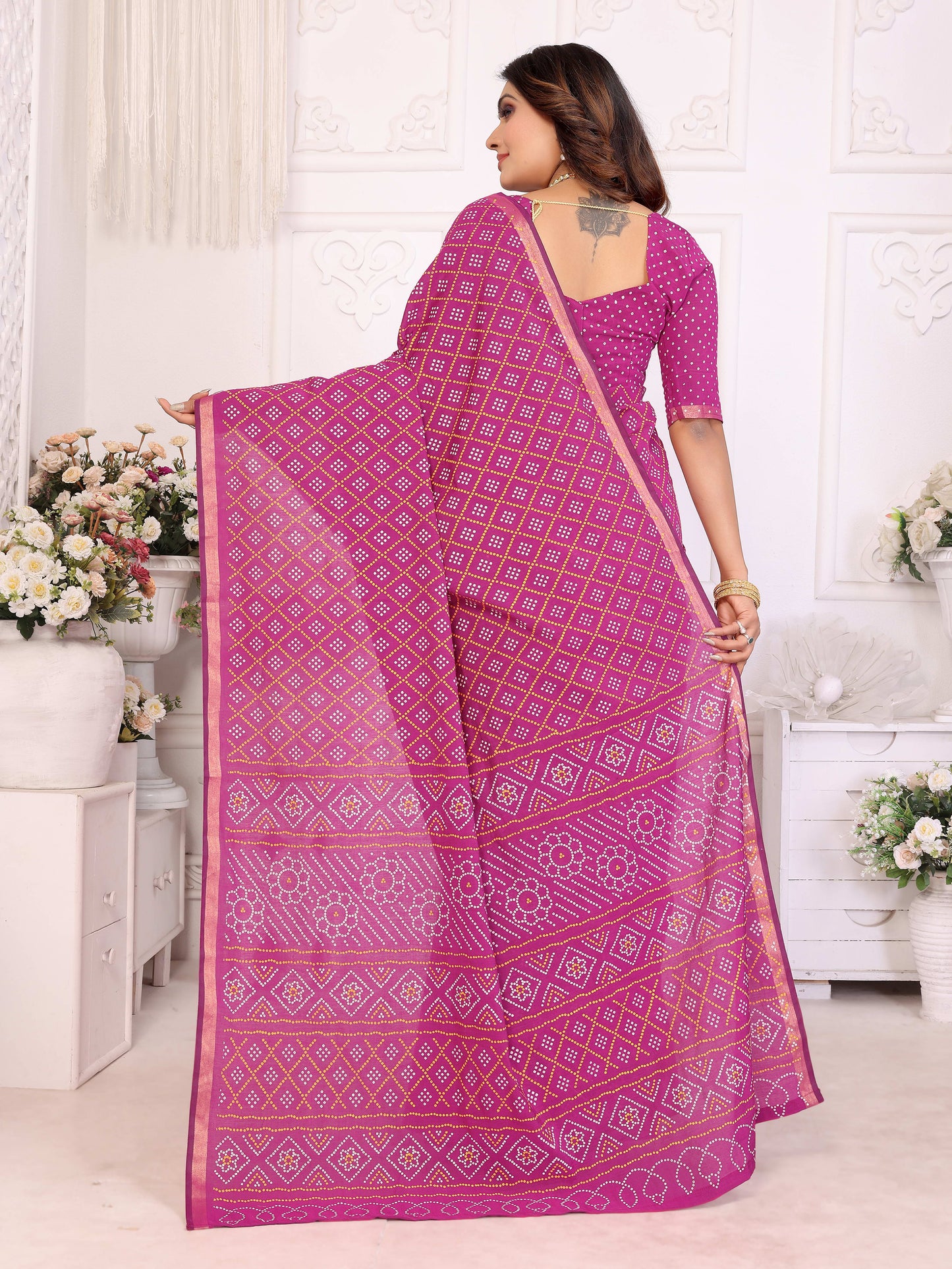 Pink Amba Pure Patola And Bandhej Pattern Soft Cotton Light Weight Saree