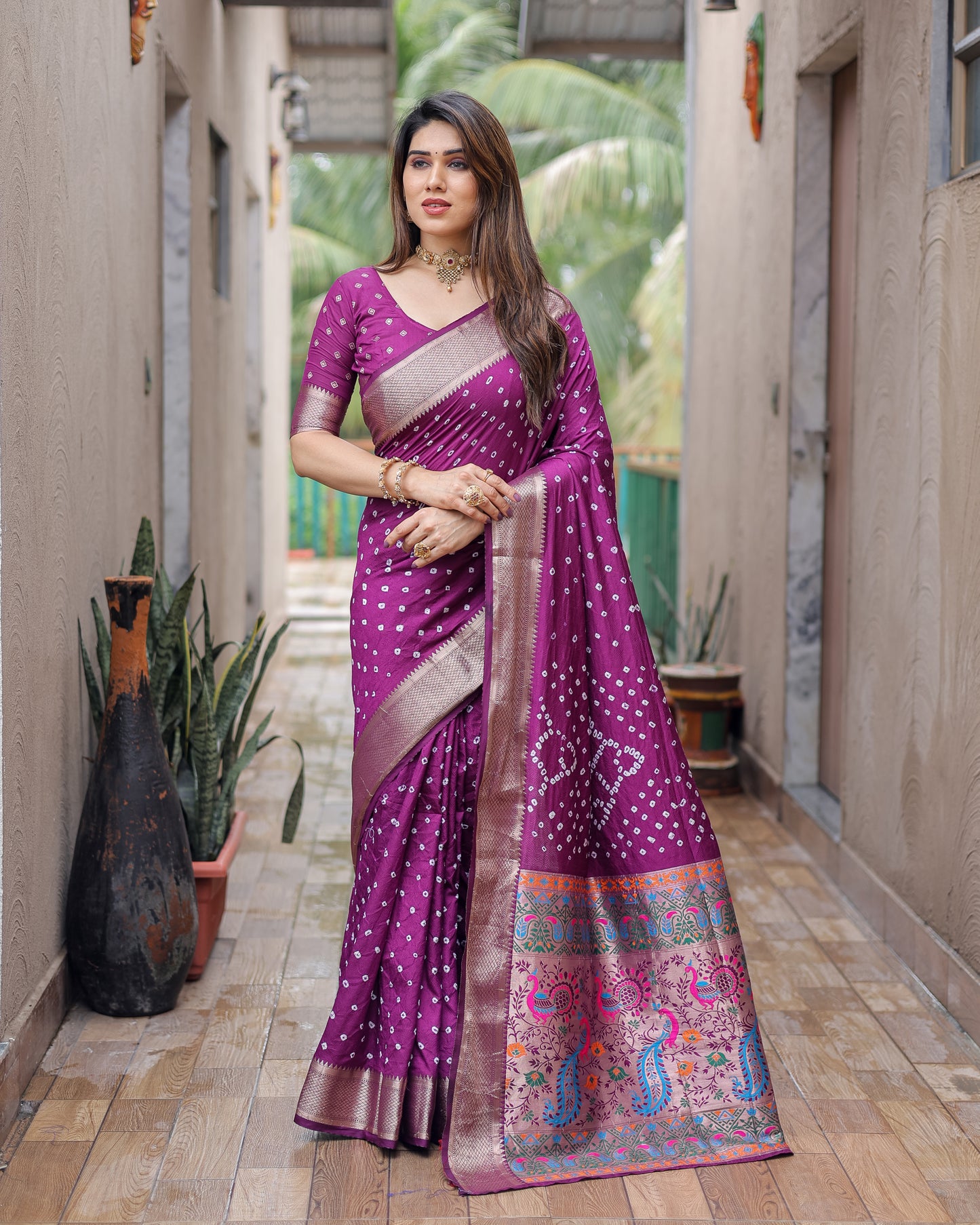 Wine Yashomati Dola Soft Silk Bandhej Sarees With Awesome Two Sides Jari Border & Paithani Style Rich Pallu