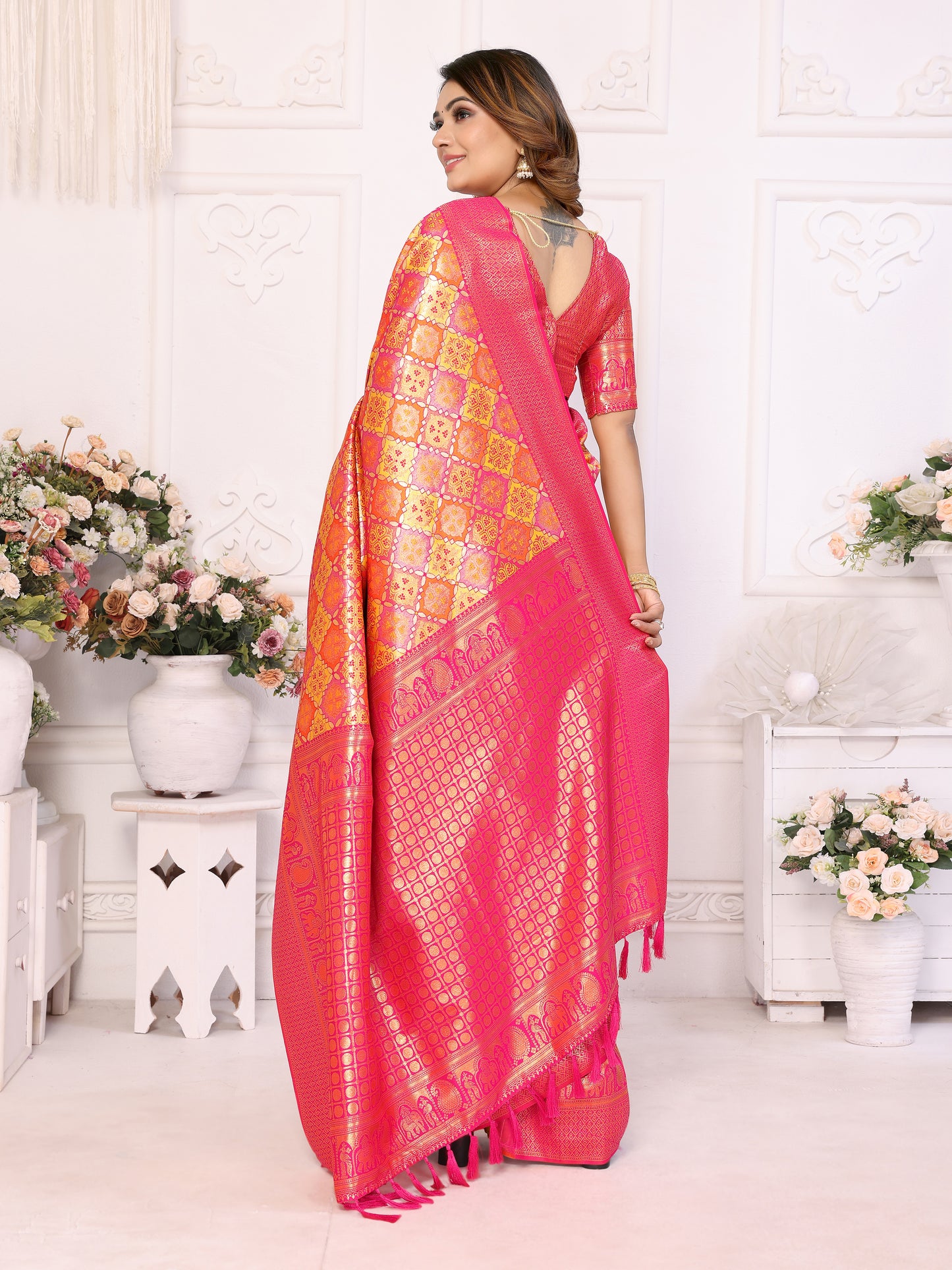 Orange Chaturi-2 Banarasi Chaturi silk saree Jari weaving Border and Weaving rich pallu