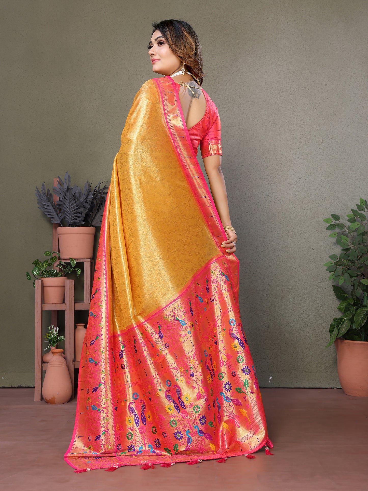 Yellow Mrudangi Pure Banarasi Tissue silk sarees contrast Paithani woven border classic pallu