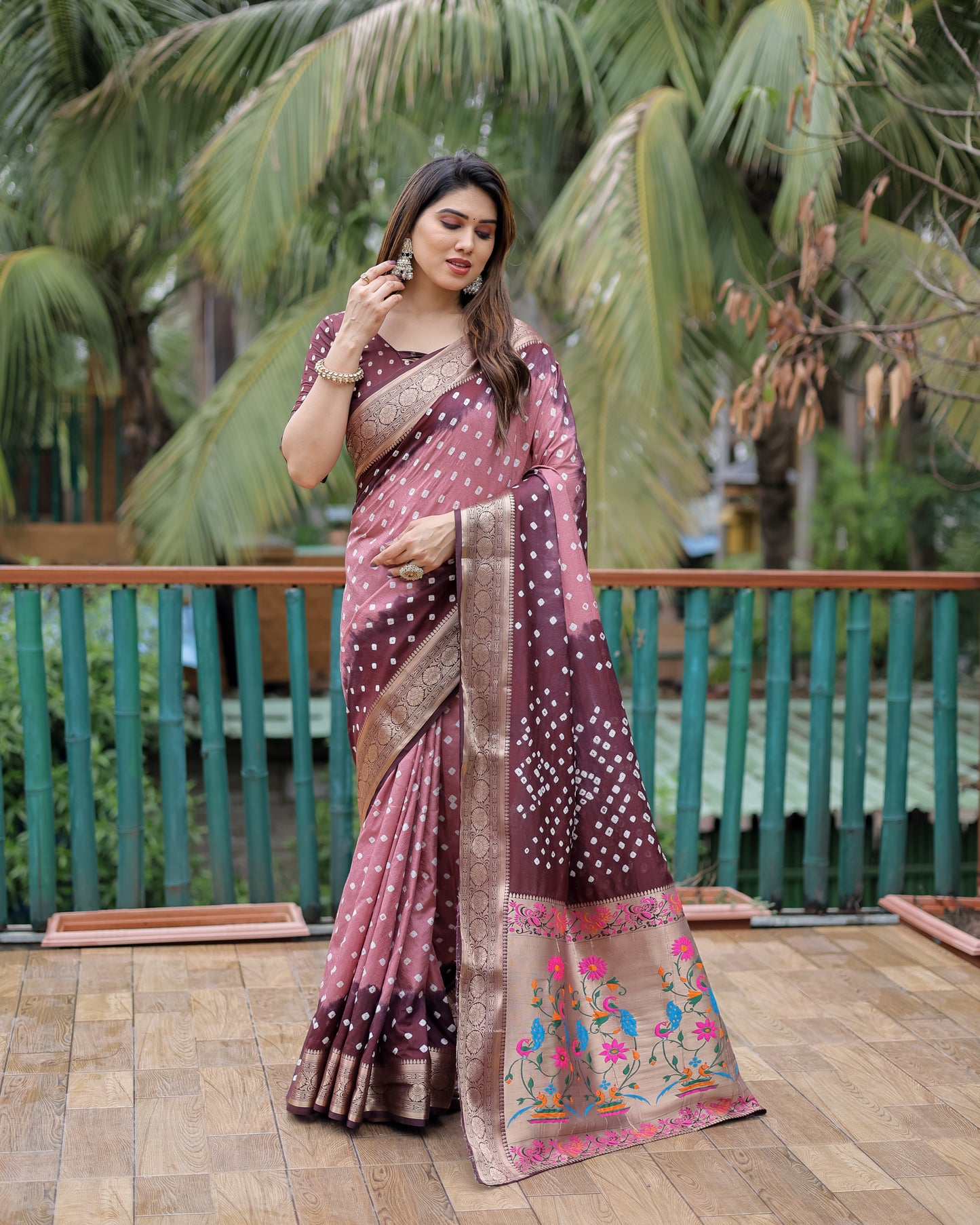 Light peach Devika Dola Soft Silk Bandhej Sarees Jari Paithani Weaving Border & Weaving Paithani Style Rich Pallu