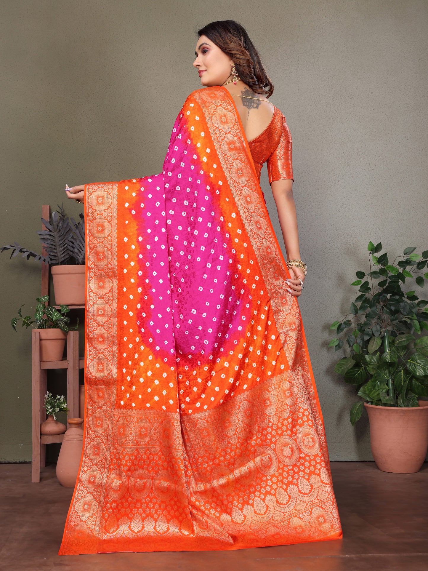 Pink Satyavati Bandhej Satin Silk Saree Made By Original Bandhej With Zari Weaving Border