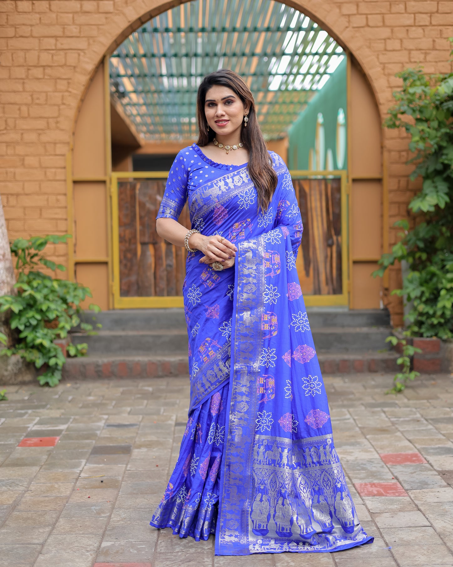 Blue Mastani Soft Dola Silk Bandhej Print Sarees With Kanchi Weaving Border And Allover Zari Border