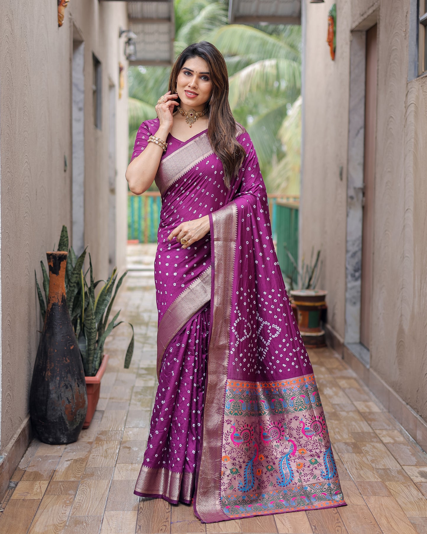 Wine Yashomati Dola Soft Silk Bandhej Sarees With Awesome Two Sides Jari Border & Paithani Style Rich Pallu
