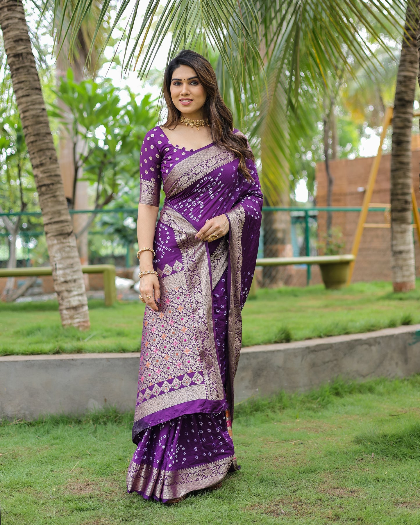 Purple Padmavati Dola Soft Silk Bandhej Saree With All Over Handmade Bandhej With Jari Weaving Border