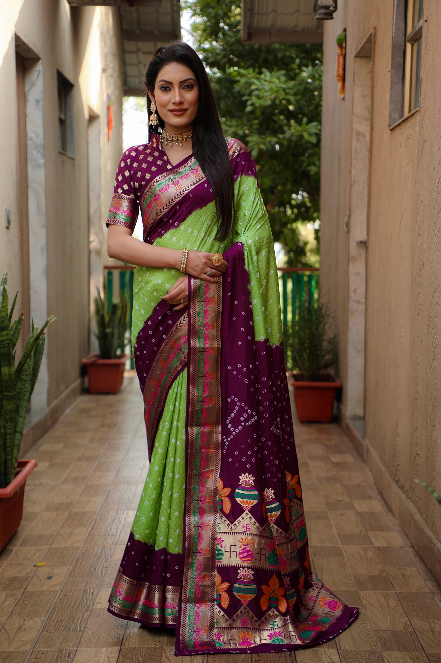 Green Swastik Pure Bandhej Silk Saree With Minakari Border Kalash & Swastik Design Rich Pallu Saree