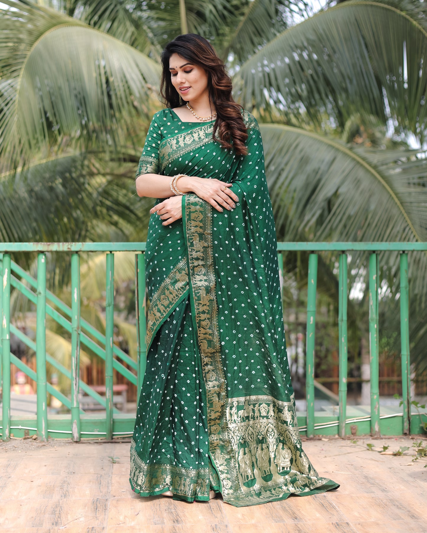 Green Mausami Pure Bandhej Silk Saree With Zari Weaving Border & Rich Pallu With Beautiful Design And Broad Border