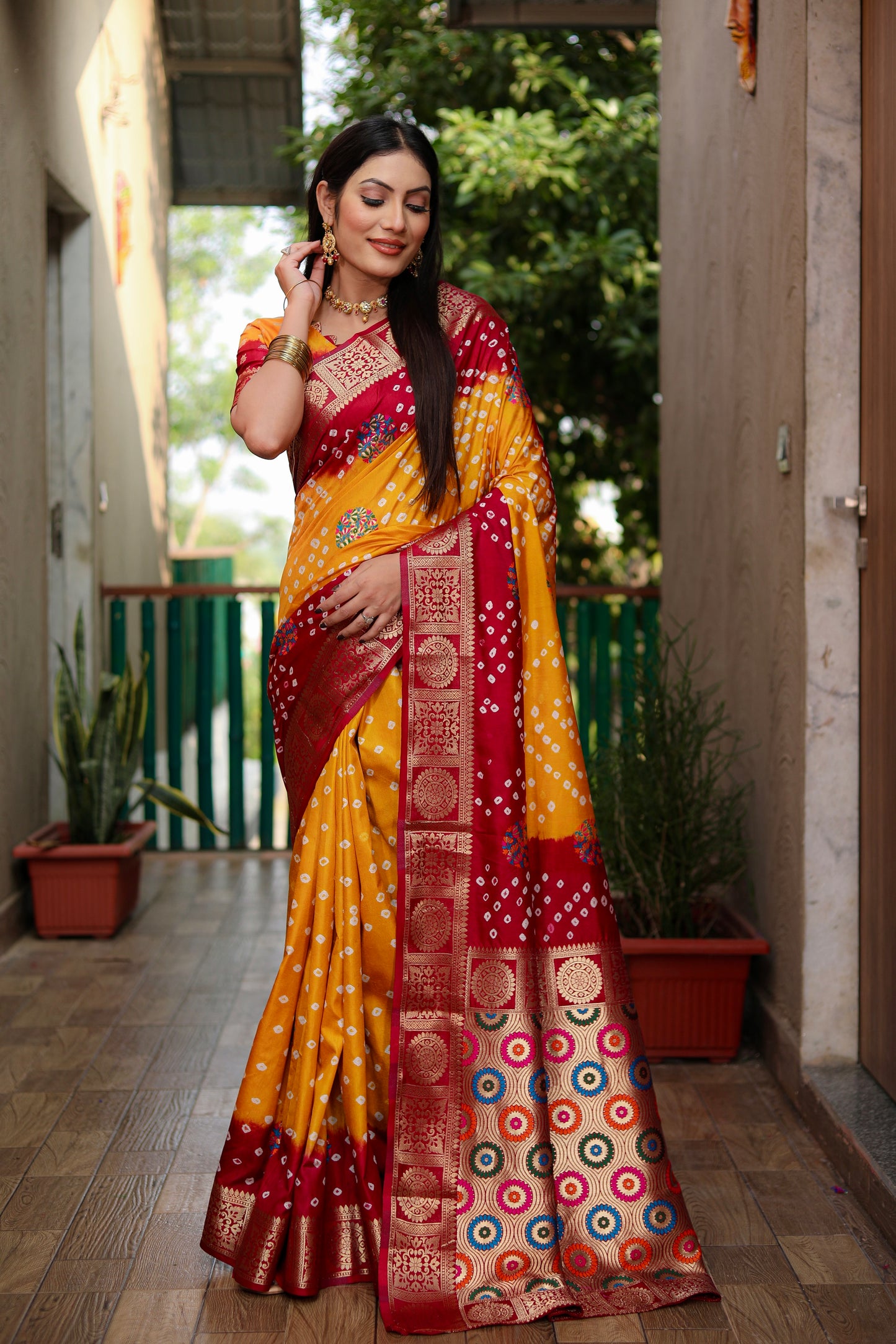 Yellow Ishani Pure Bandhej Silk Saree Minakari Weaving Butta With Zari