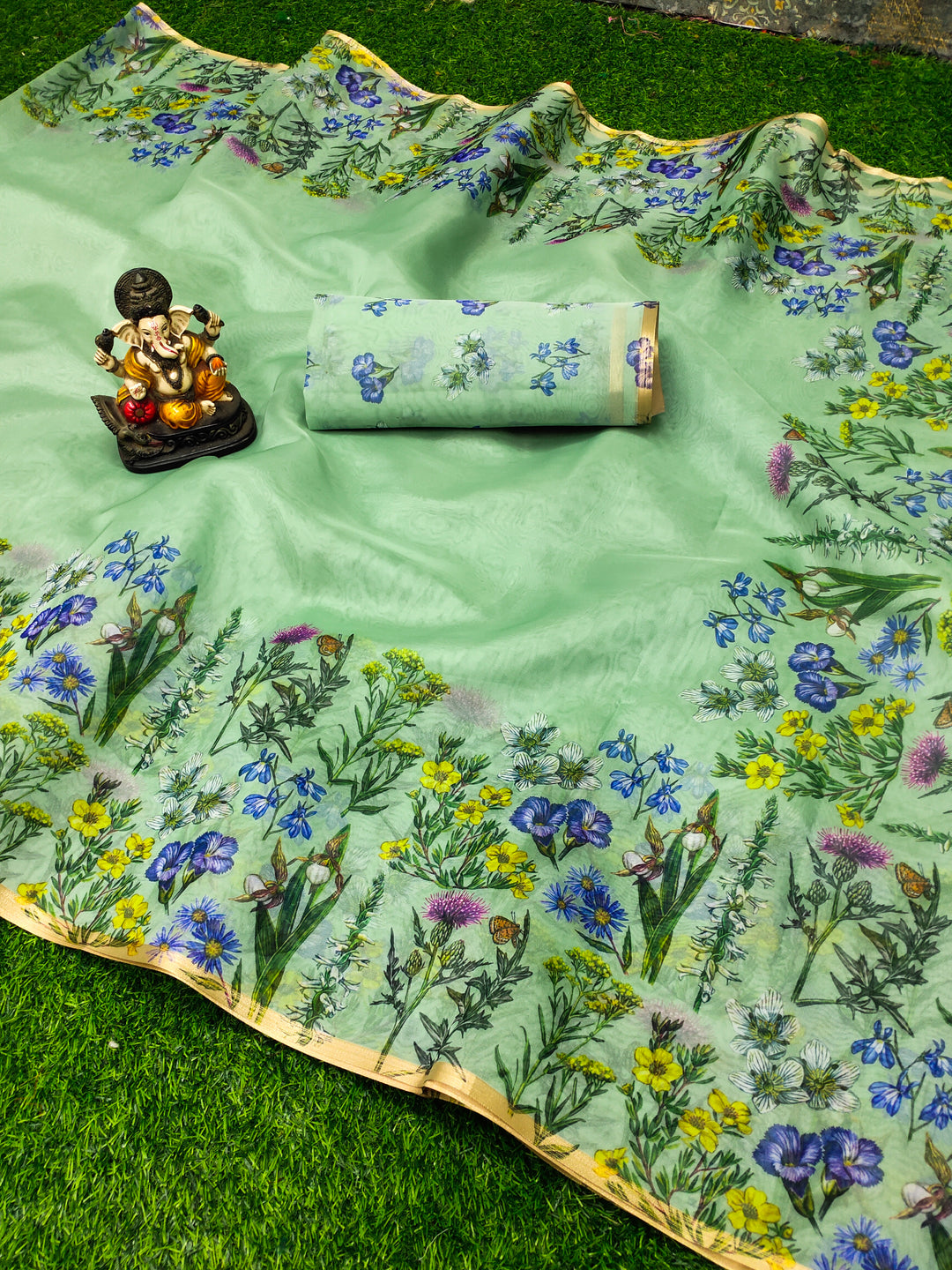 Green Kesariya Organza Digital Print Soft Shiny Art Silk Saree With Inspired Gold Border