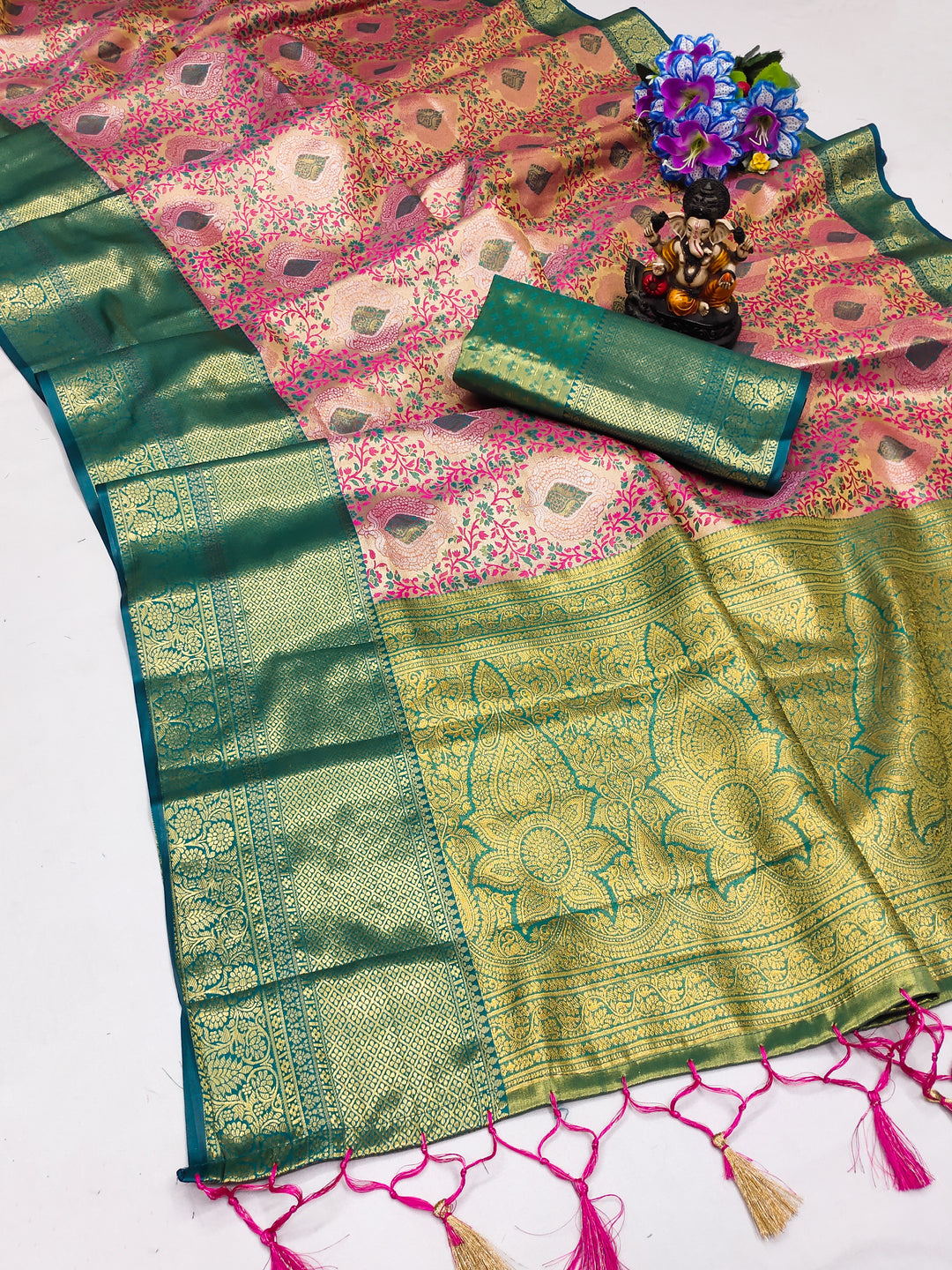 Pink-Green Draupadi Pure Kanjivaram Silk Saree Super Soft & Silky