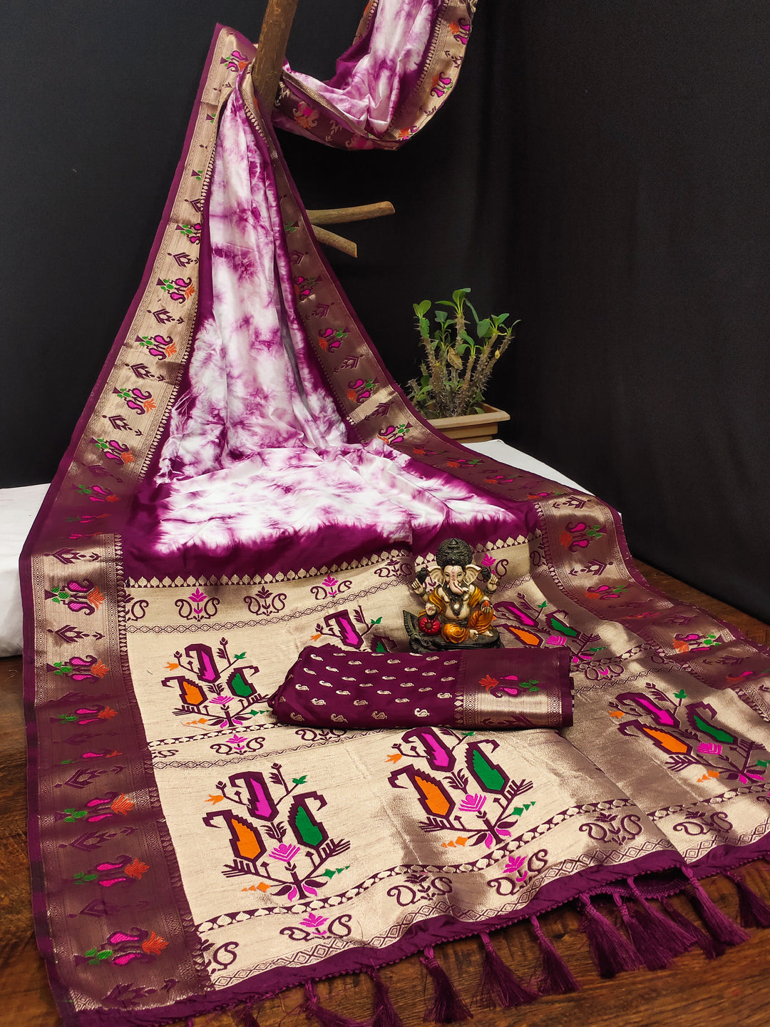 Wine Revati Sibori Print Paithani Silk Sarees With Gold Zari Paithani Border & Contrast Rich Pallu