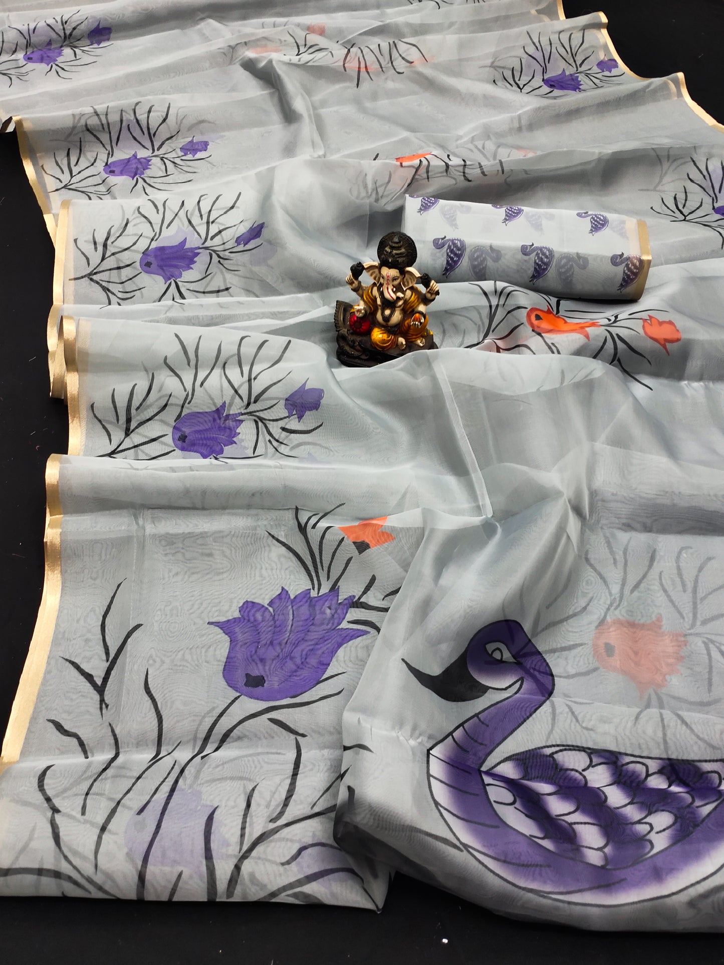 Gray Vrinda Organza Digital Print Soft Shiny Art Silk Saree With Inspired Gold Border