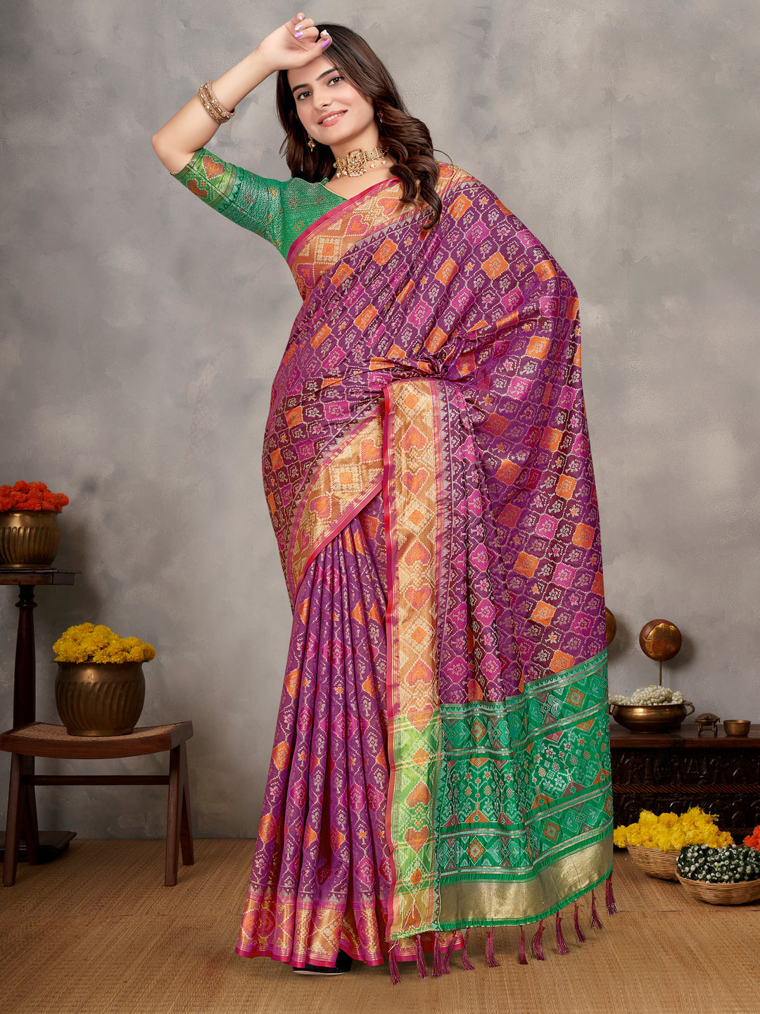Purple Maya-1 Pure Handloom Silk Ikkat Patola Saree With Kanchi Border and contrast Zari border