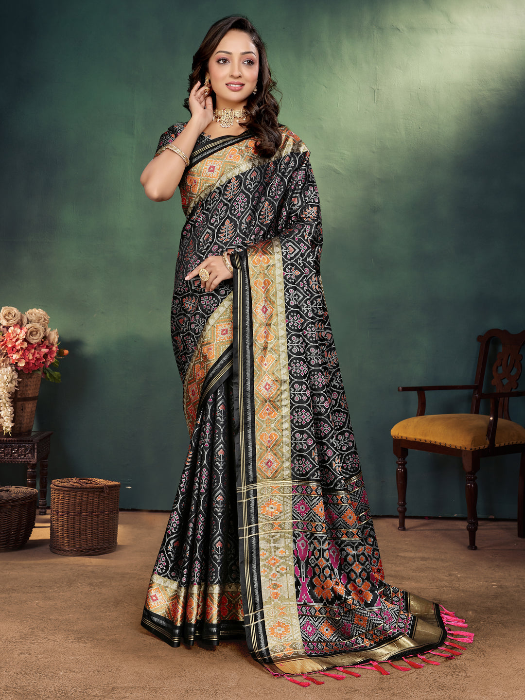 Black Maya-2 Pure Handloom Silk Ikkat Patola Saree With Kanchi Border and contrast Zari border