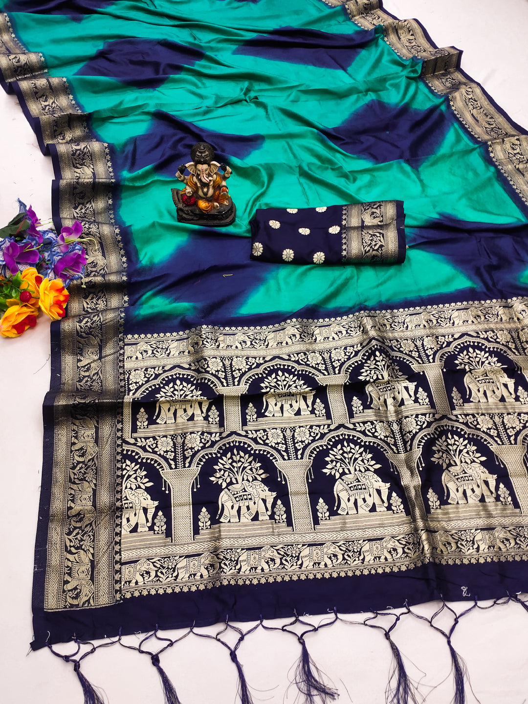 Blue Prushti Sibori Print Silk Sarees With Gold Zari Minakari Border & Contrast Rich Pallu