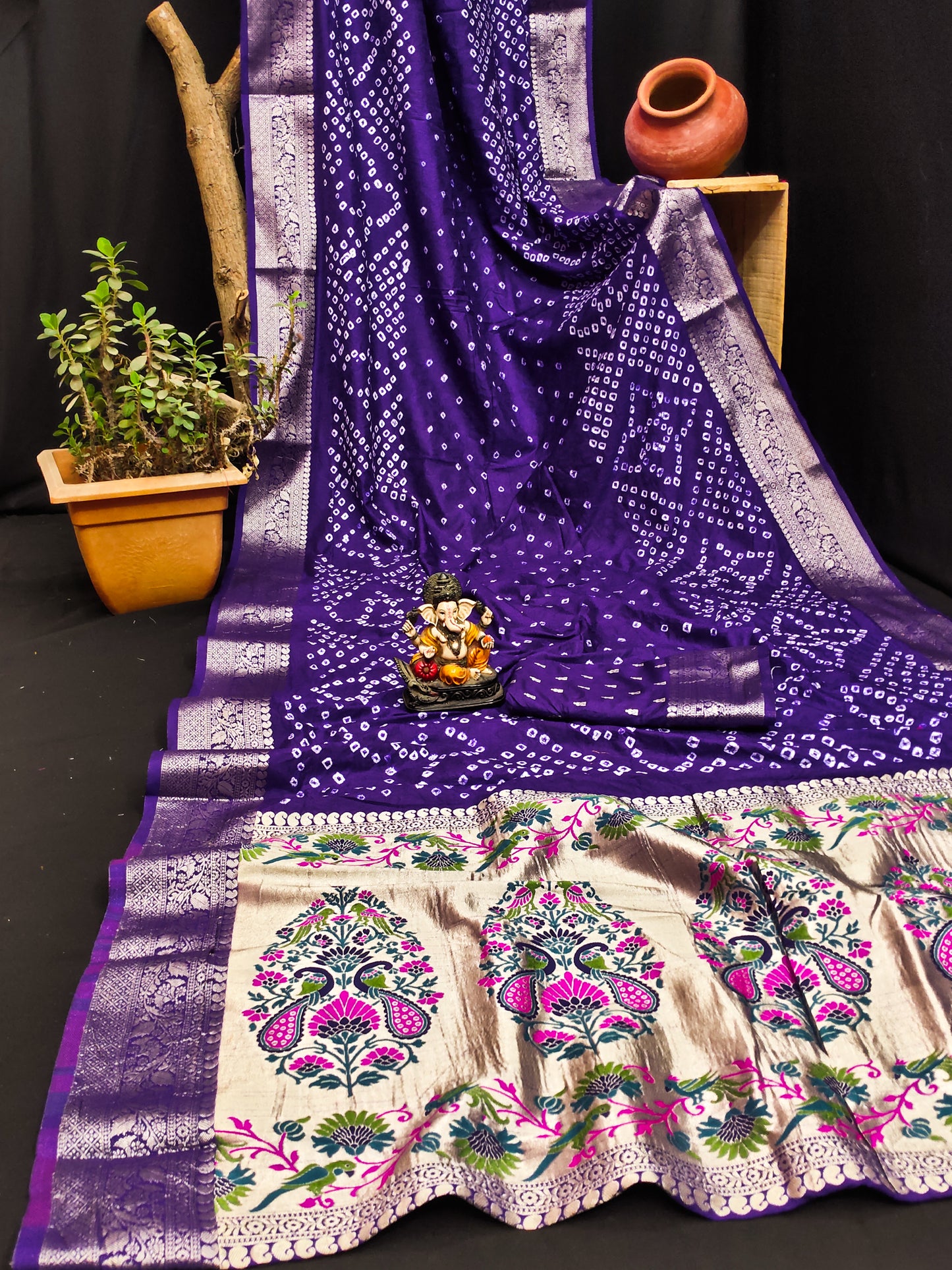 Blue Subhadra Bandhej Kanjivaram Silk Saree With Kanjivaram Border With Zari Paithani Rich Pallu