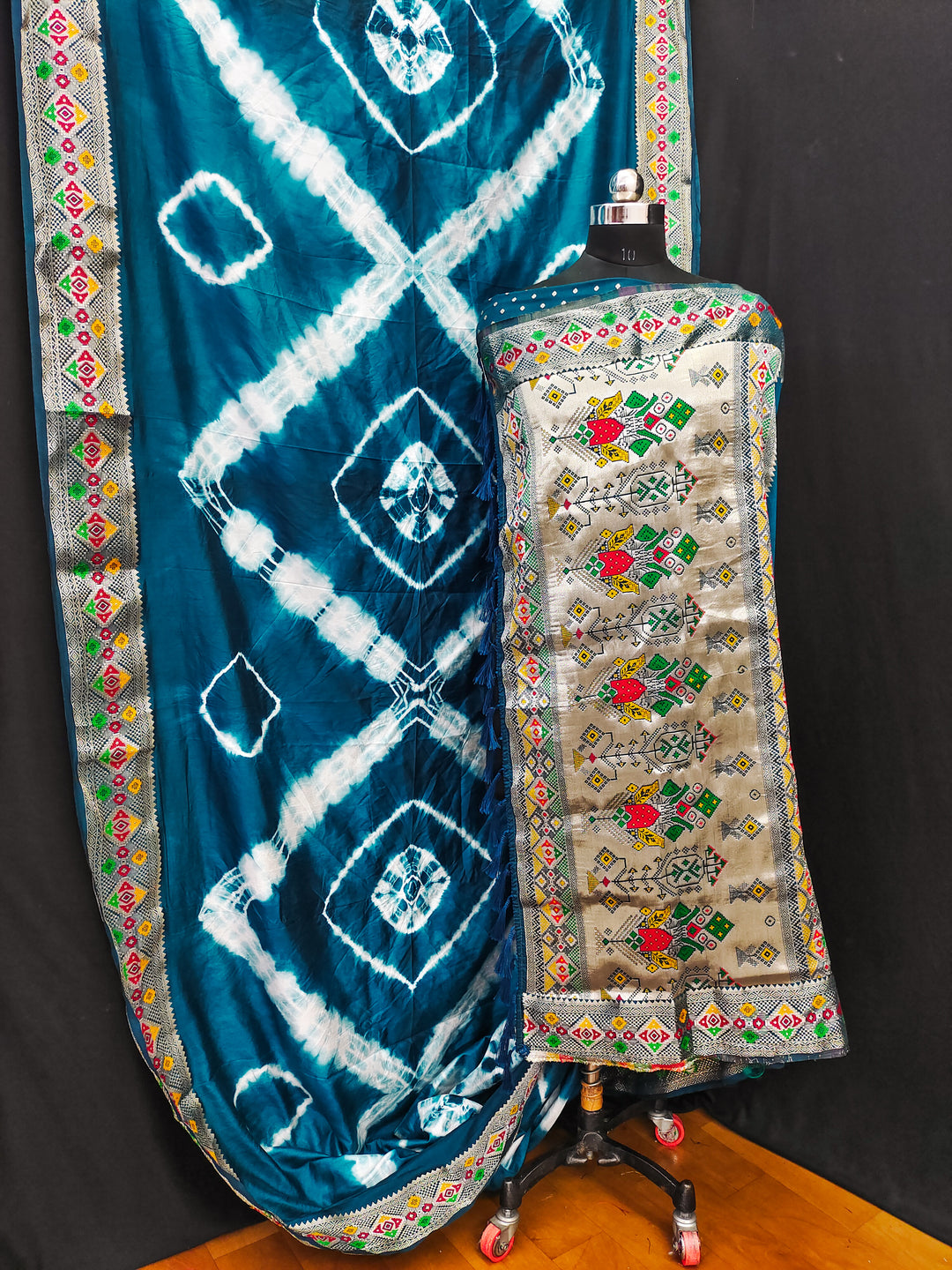 Sky Blue Suvarna Sibori Print Silk Sarees With Zari Gold & Minakari Weaving Border & Contrast Rich Pallu