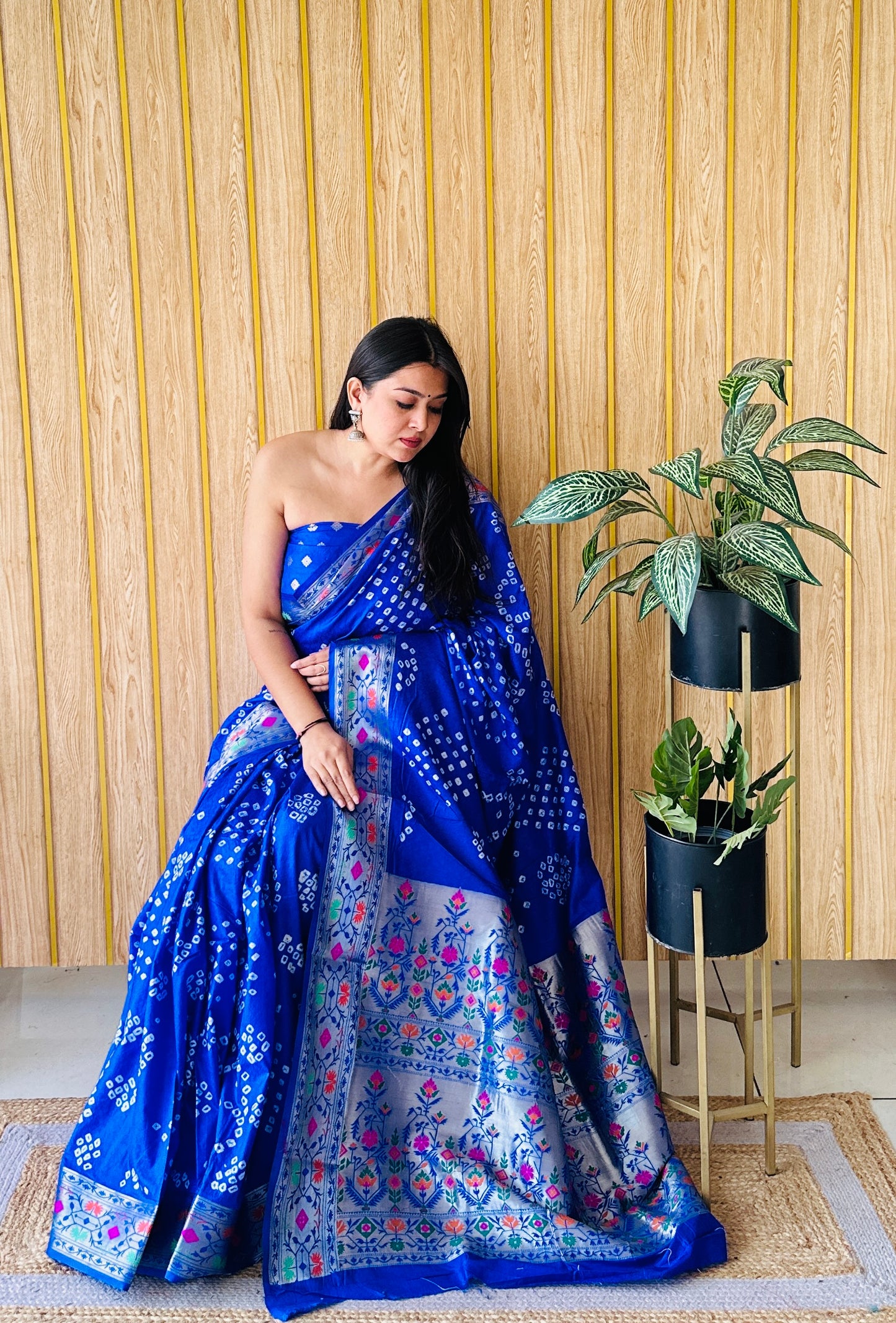 Blue Deewani Pure Bandhej Silk Saree With Patola Border With Zari Weaving Paithani Rich Pallu Saree