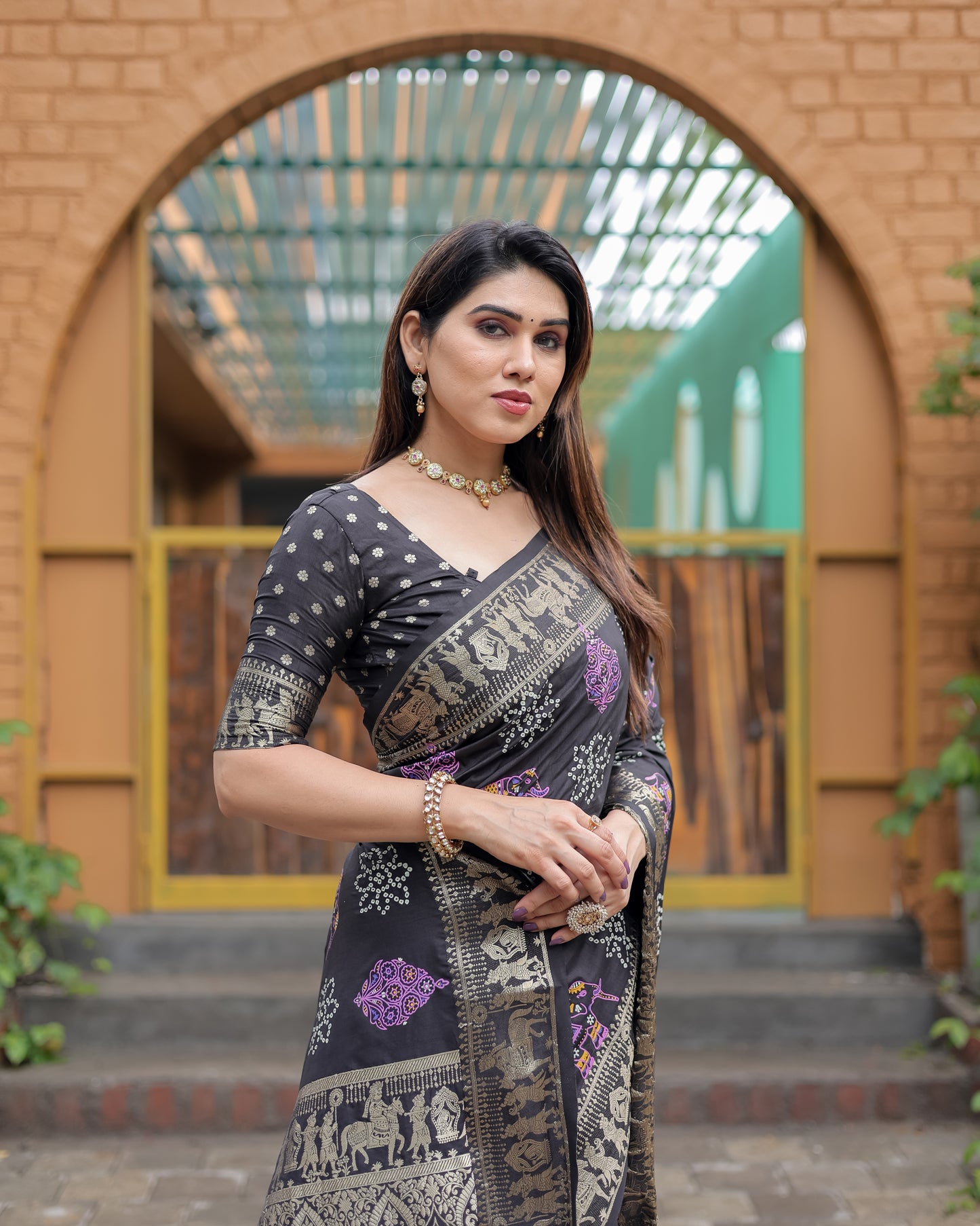 Black Mastani Soft Dola Silk Bandhej Print Sarees With Kanchi Weaving Border And Allover Zari Border