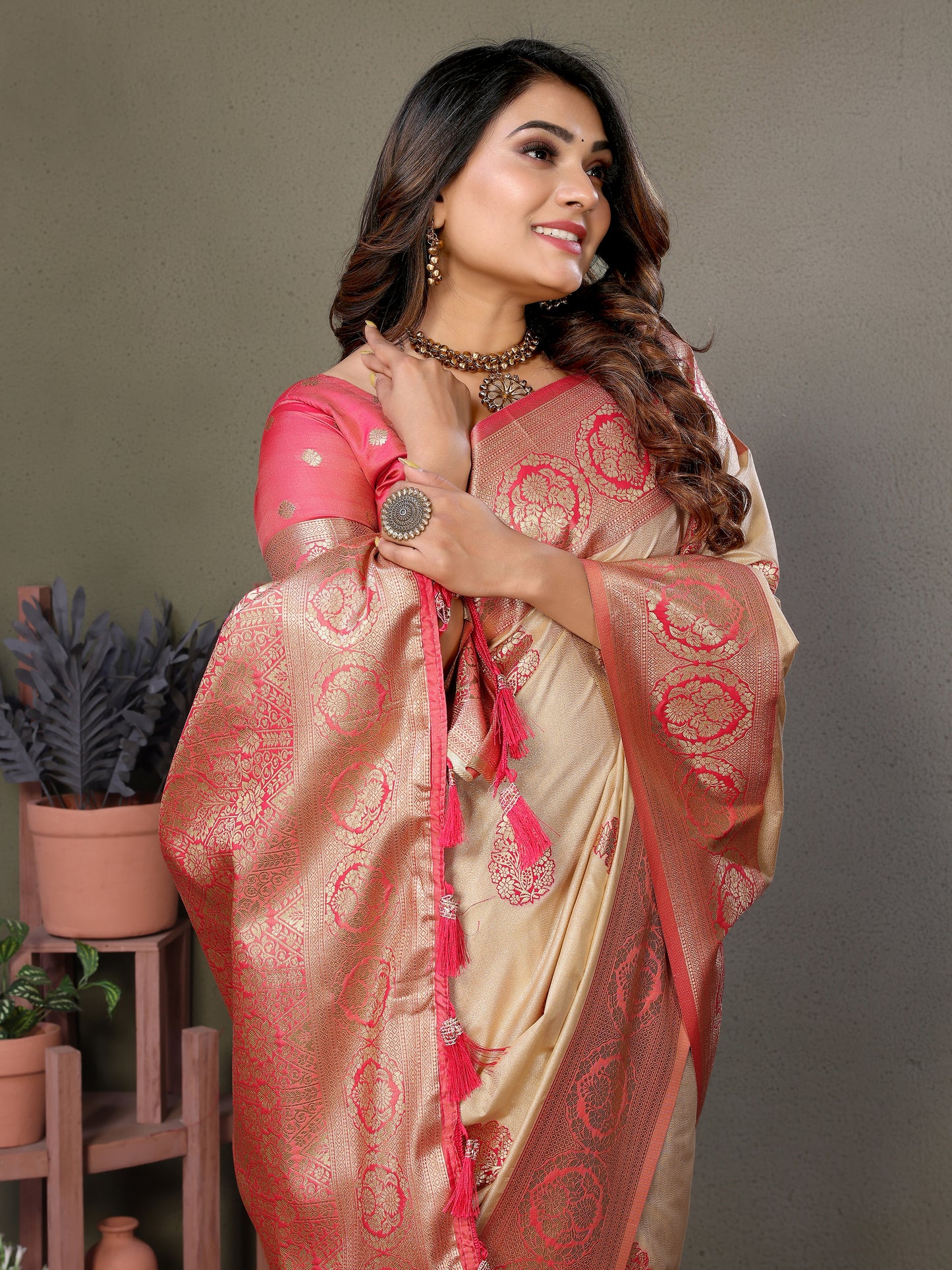 Peach Jugani Viscose Silky Sarees And weaving Butties with contrast border, Rich pallu