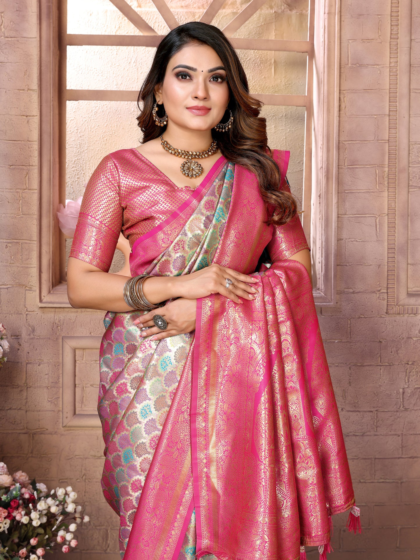 Multi Chaturi-1 Banarasi Chaturi silk saree Jari weaving Border and Weaving rich pallu
