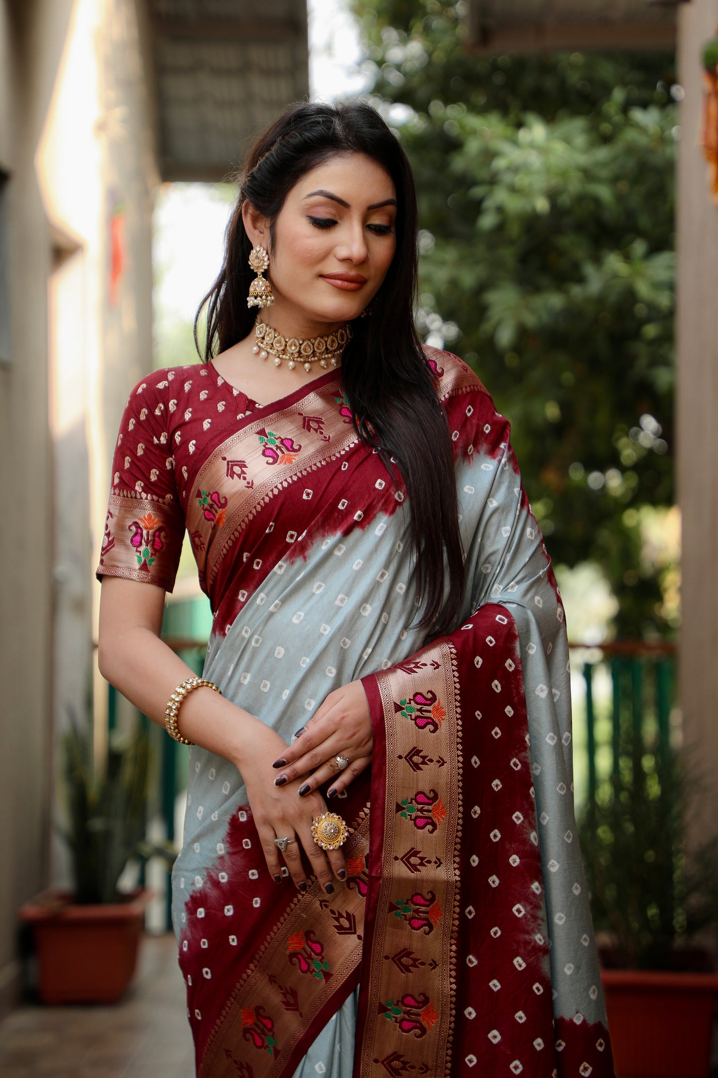 Gray Chandani Dola Soft Silk Bandhej Sarees Jari Paithani Weaving Border & Weaving Paithani Style Rich Pallu