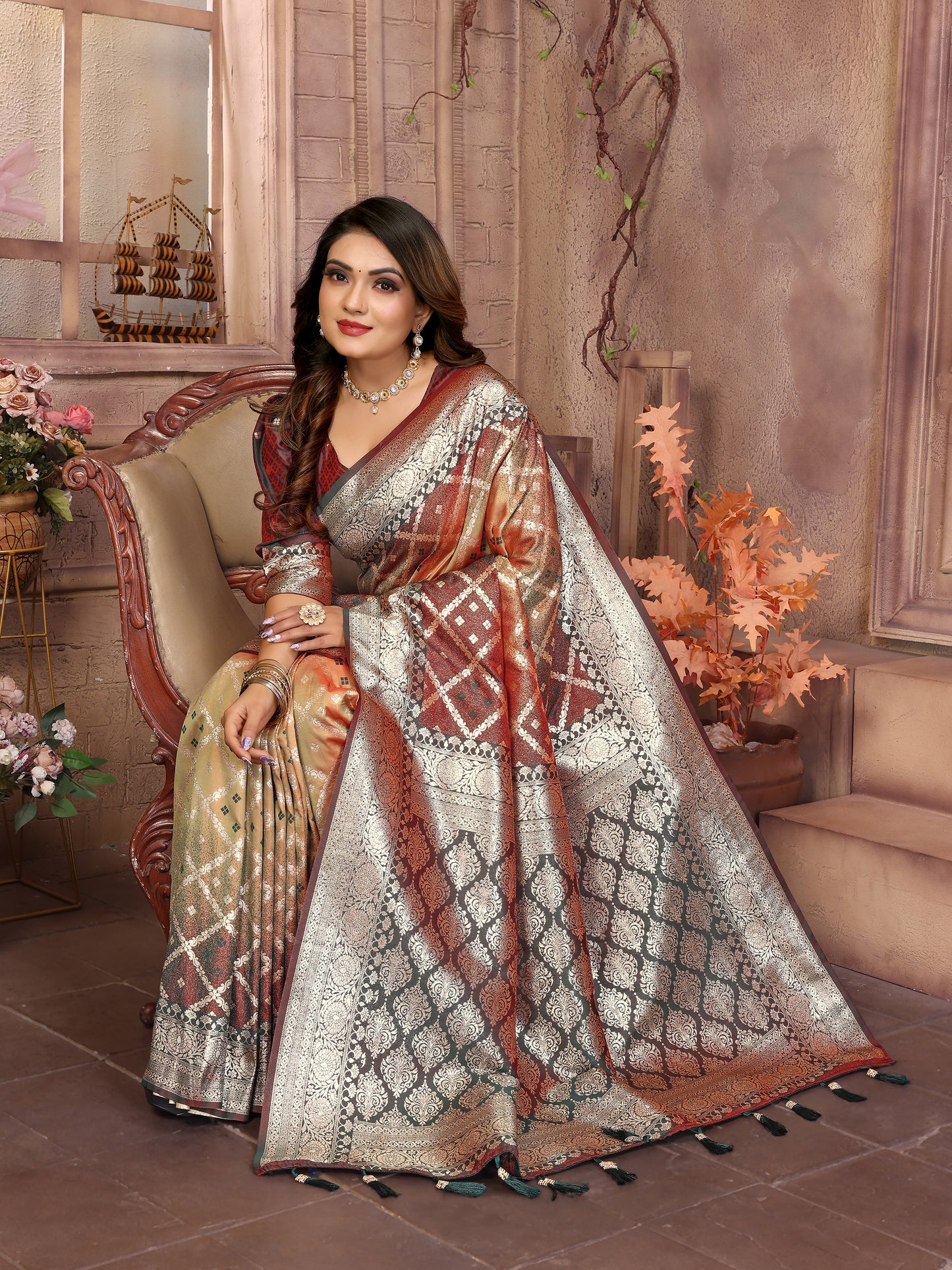 Beige Kundan kochi silk saree with beautiful Checks weaving exclusive work soft comfy
