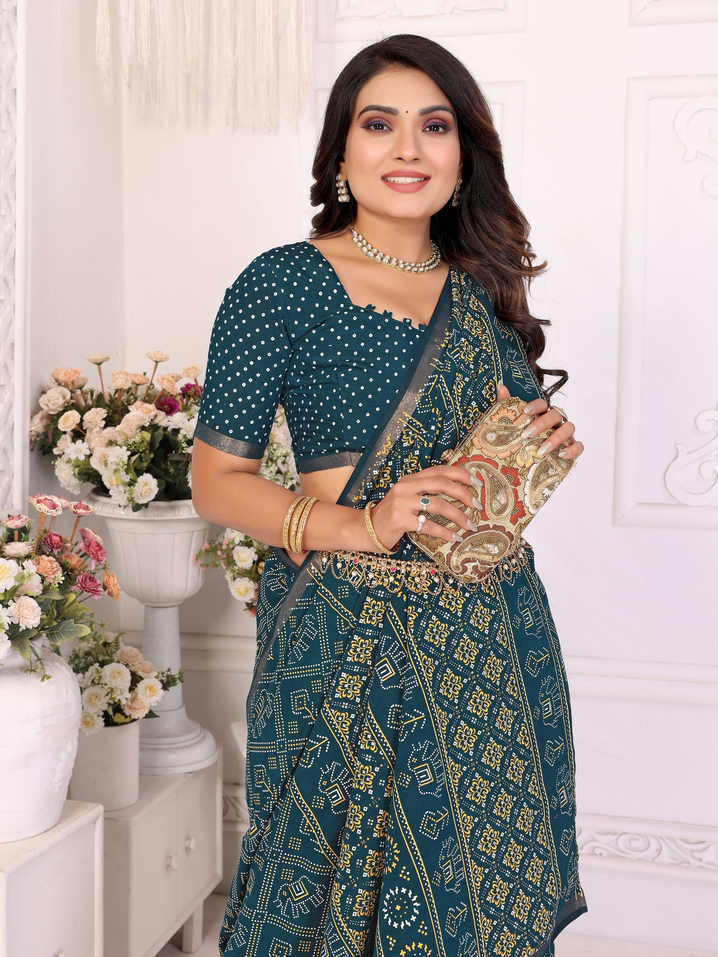 Teal Ambika Pure Patola And Bandhej Pattern Soft Cotton Light Weight Saree