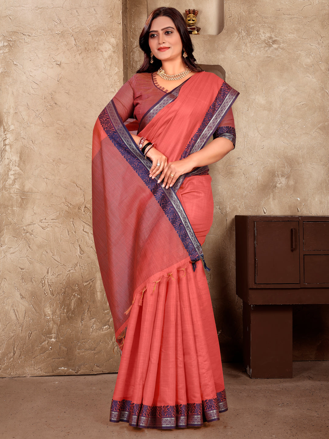 Peach Mohini-1 Linen Soft Silk Saree That Has Shine And Shimmer,Sheer Skin With Kanjivaram Border