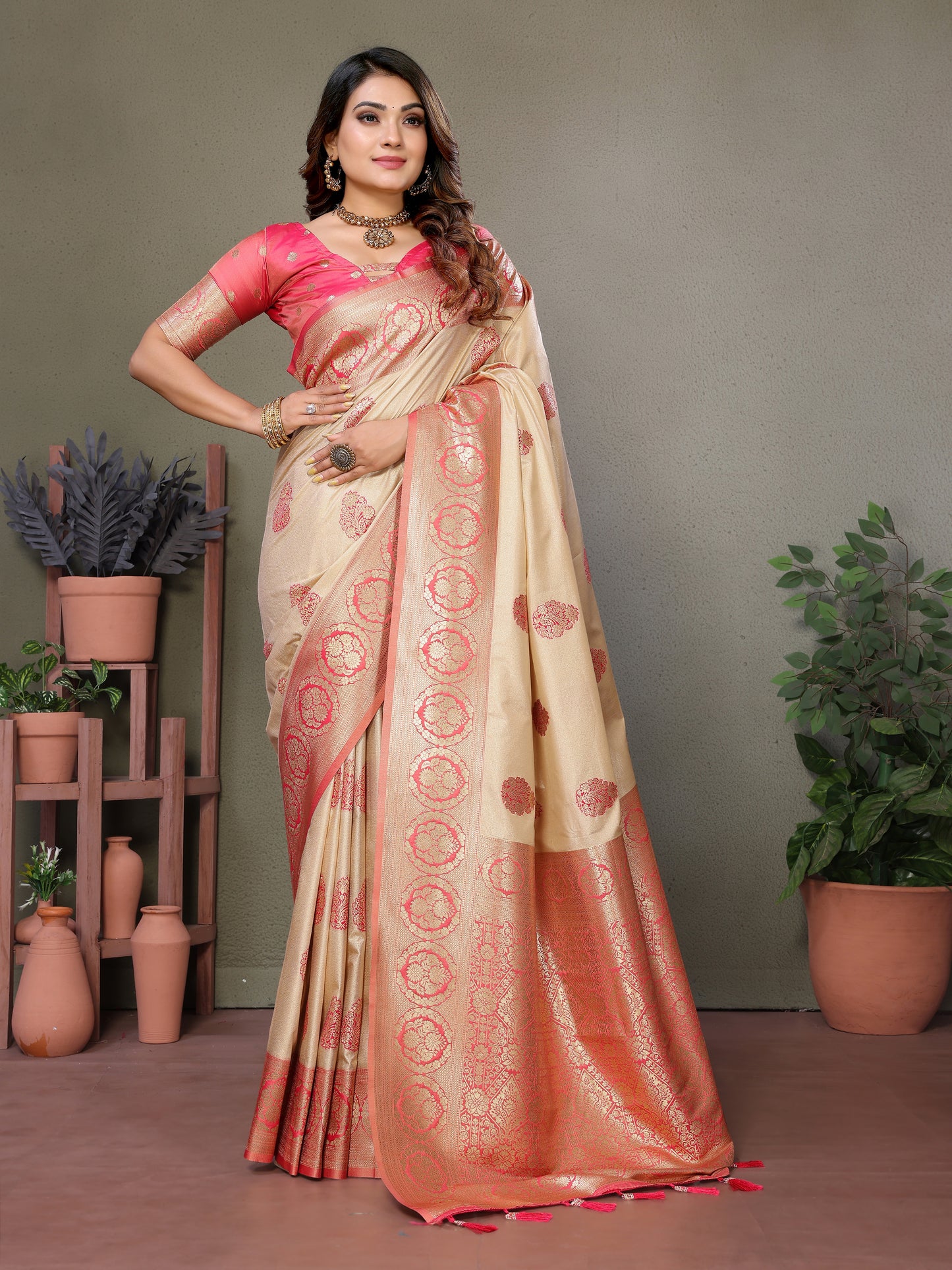 Peach Jugani Viscose Silky Sarees And weaving Butties with contrast border, Rich pallu