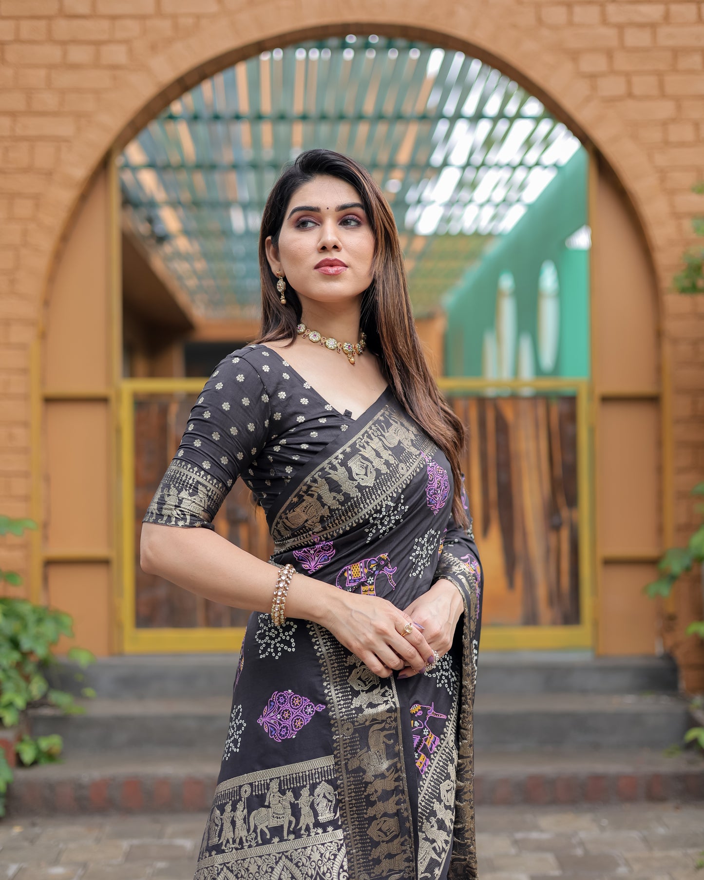Black Mastani Soft Dola Silk Bandhej Print Sarees With Kanchi Weaving Border And Allover Zari Border
