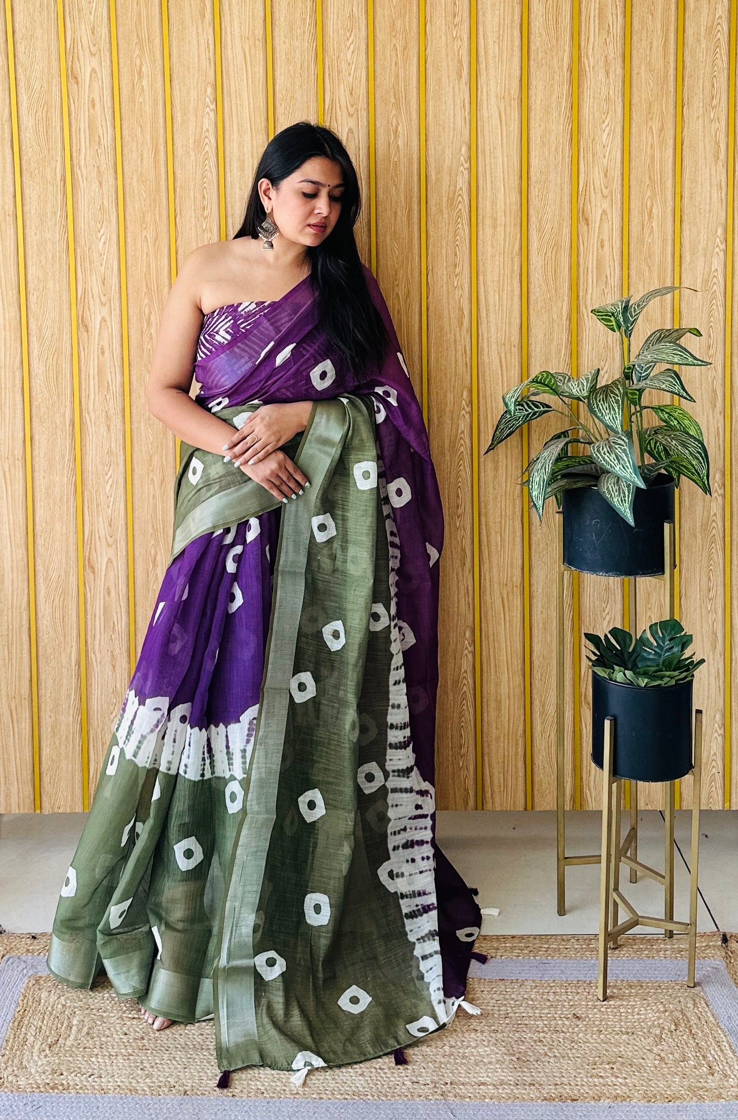 Purple And Green Aarya-2 Soft Linen Cotton Digital Print Sarees With Batik Print With Silver Border