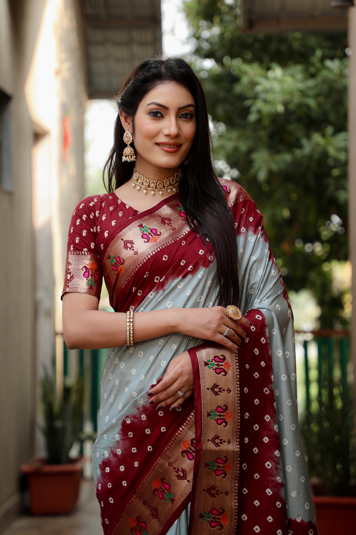 Gray Chandani Dola Soft Silk Bandhej Sarees Jari Paithani Weaving Border & Weaving Paithani Style Rich Pallu