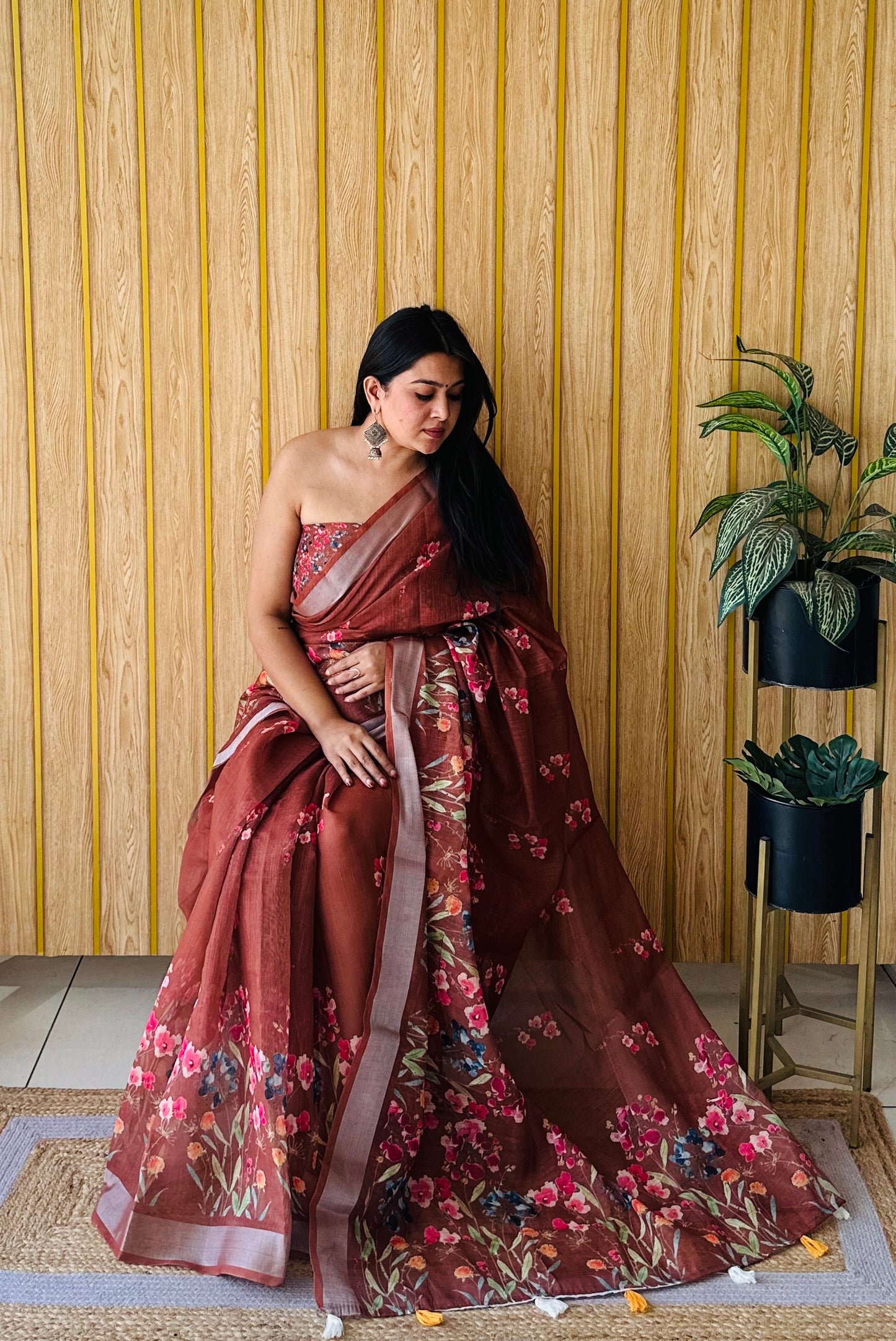 Brown Ritika Soft Linen Cotton Digital Print Saree With Batik Print With Silver Border