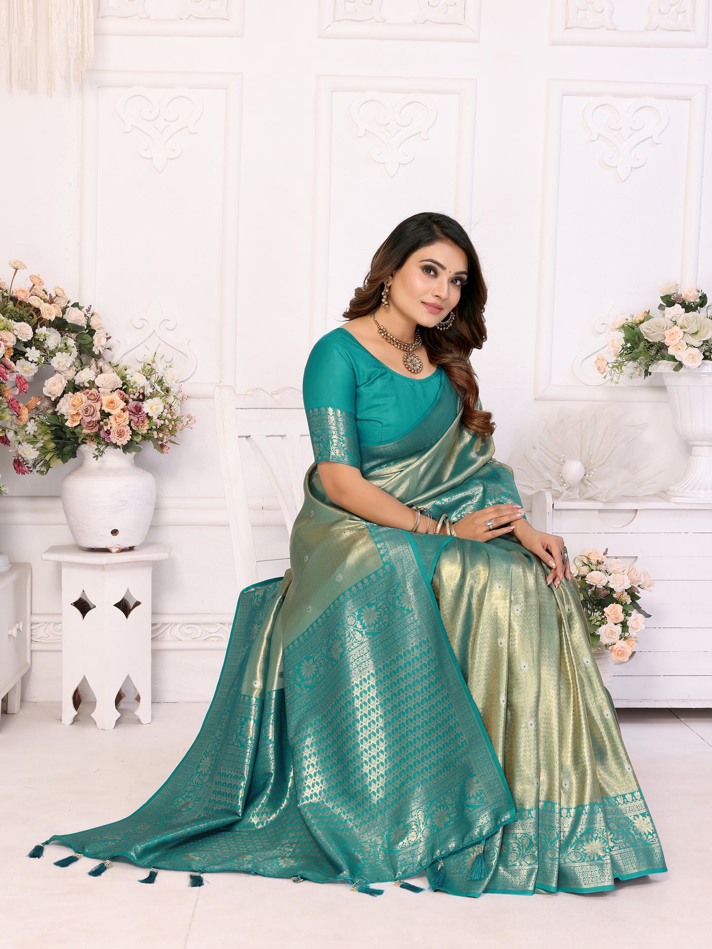 Rama Eshwari Banarasi tissue silk sarees with all over Butti contrast woven borders classic pallu