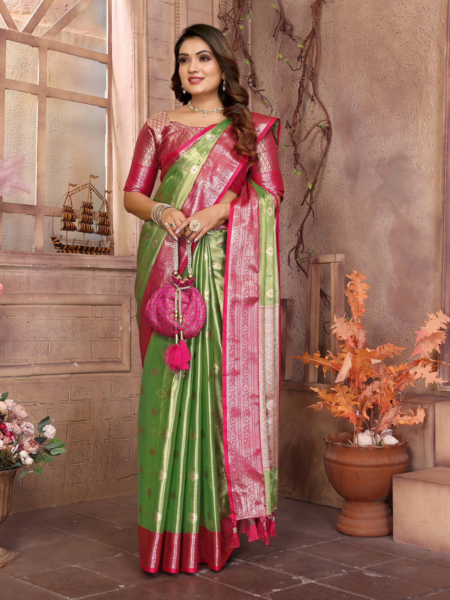Green Anita Handloom Tissue Silk Sarees with Zari Weaving Designs and Zari borders Rich Pallu