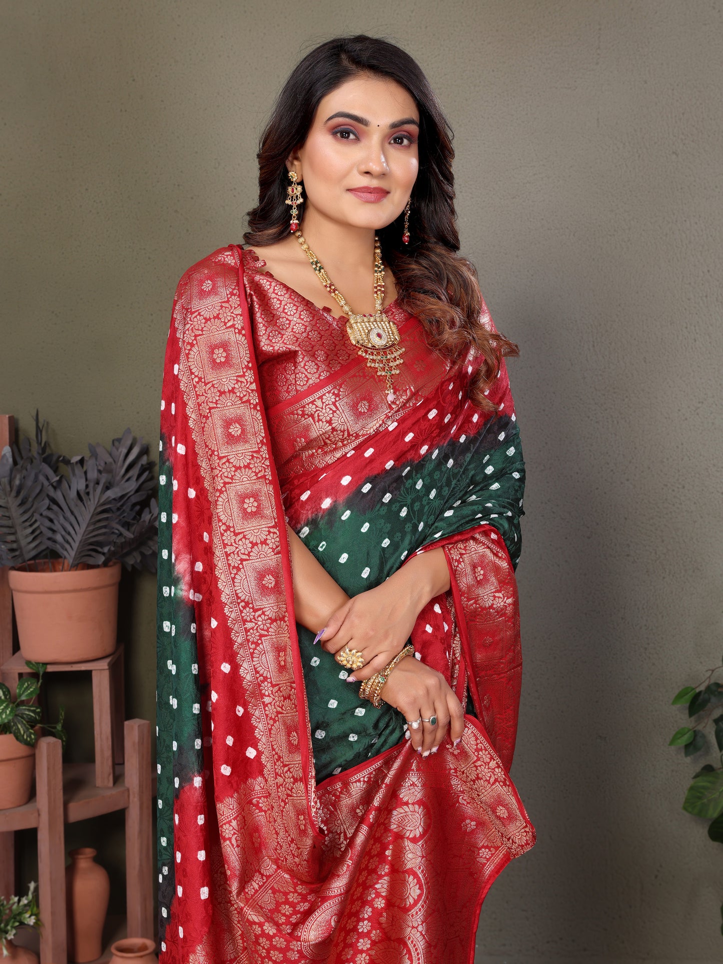 Green Satyavati Bandhej Satin Silk Saree Made By Original Bandhej With Zari Weaving Border