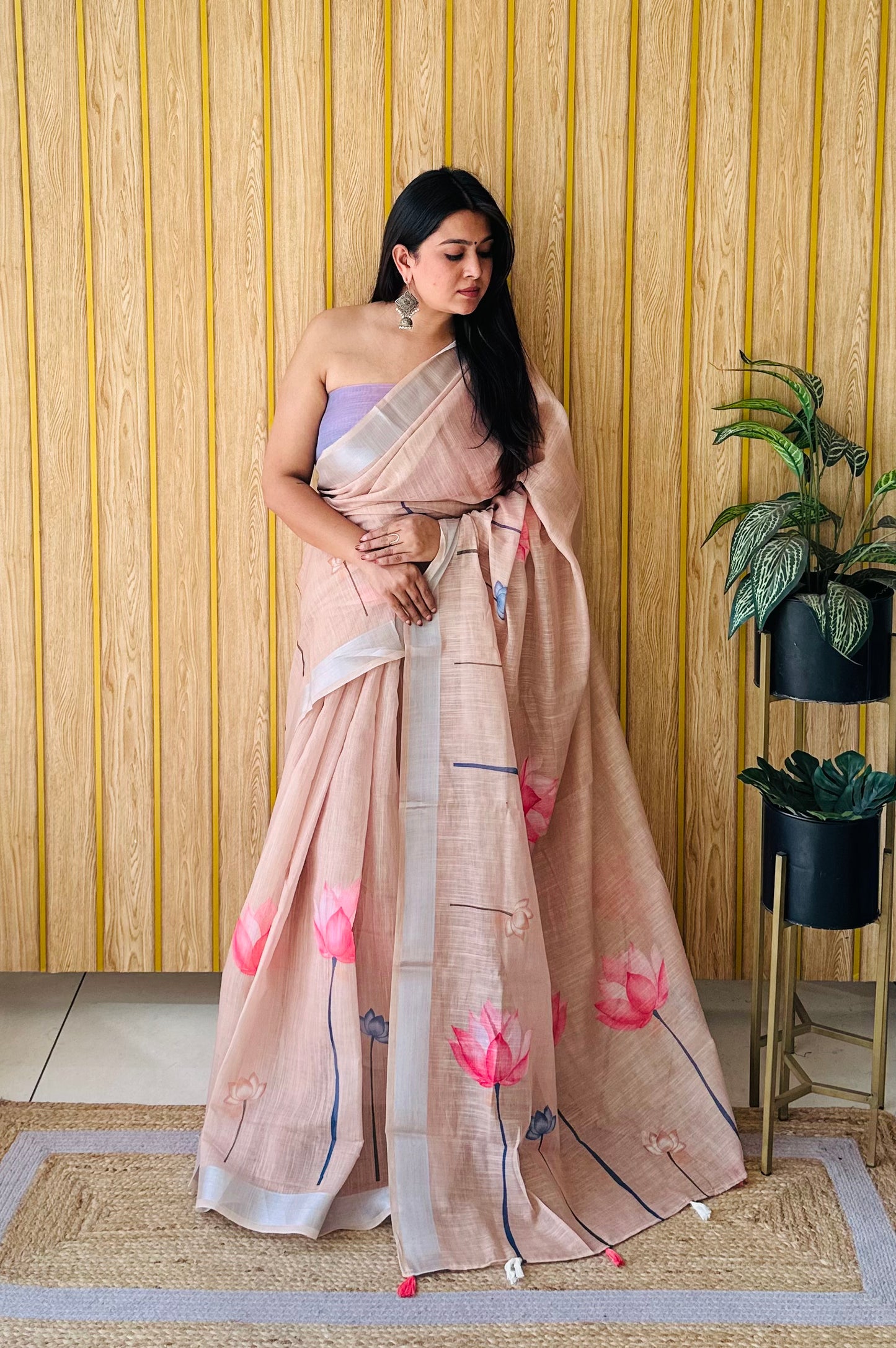 Beige Namrata Soft Linen Cotton Digital Print Sarees With Batik Print With Silver Border