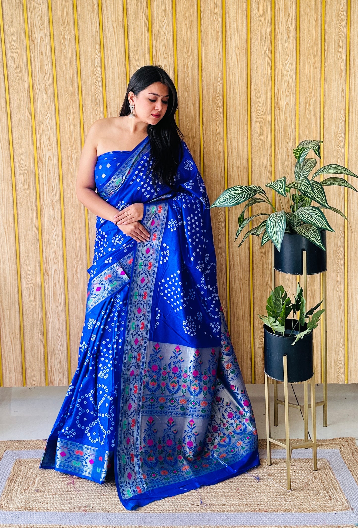 Blue Deewani Pure Bandhej Silk Saree With Patola Border With Zari Weaving Paithani Rich Pallu Saree