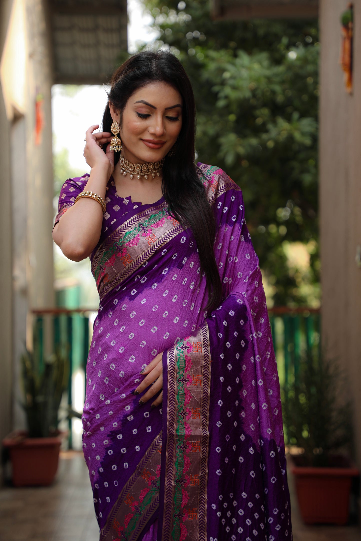 Purple Swastik Pure Bandhej Silk Saree With Minakari Border Kalash & Swastik Design Rich Pallu Saree