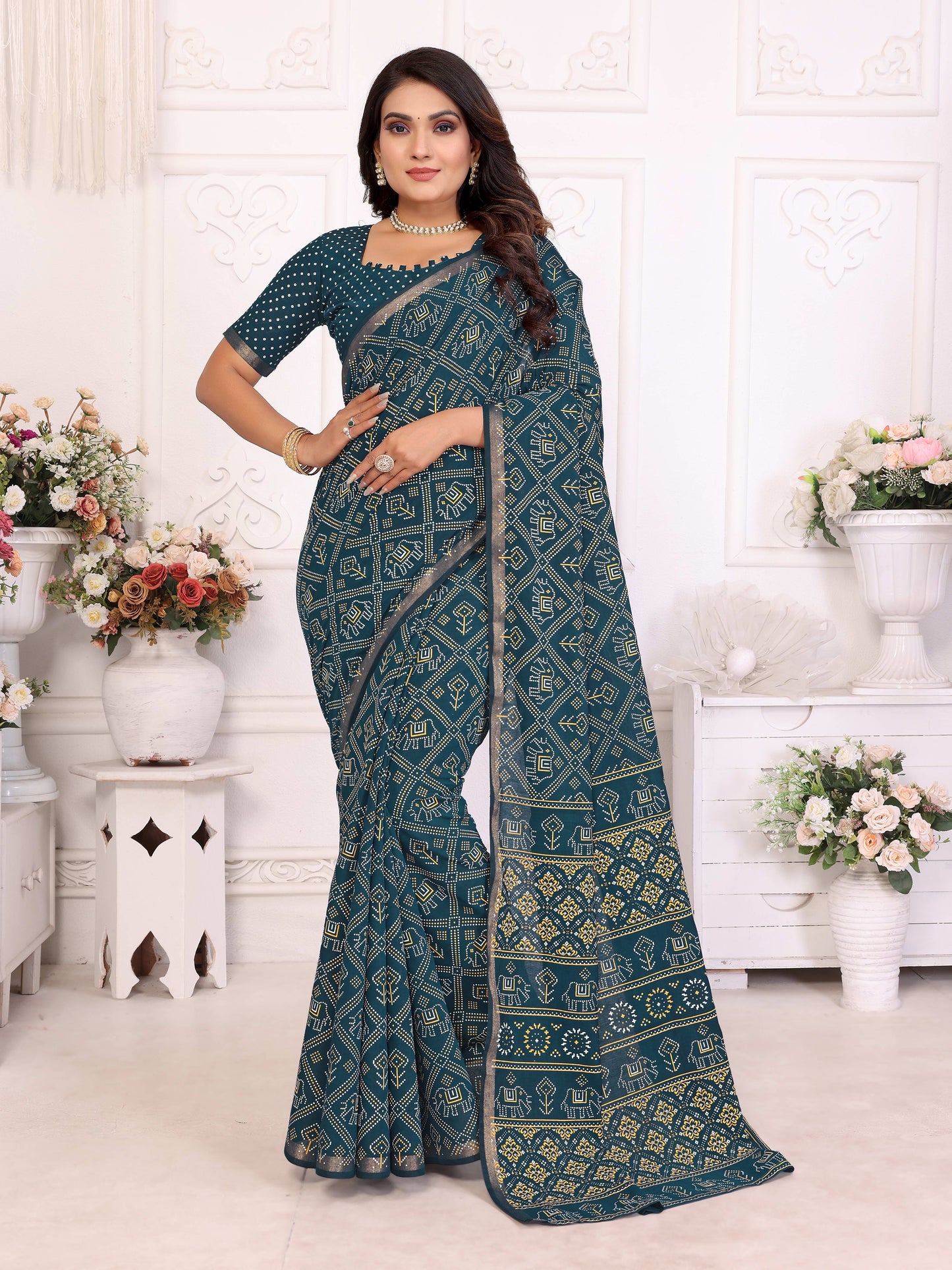 Teal Ambika Pure Patola And Bandhej Pattern Soft Cotton Light Weight Saree