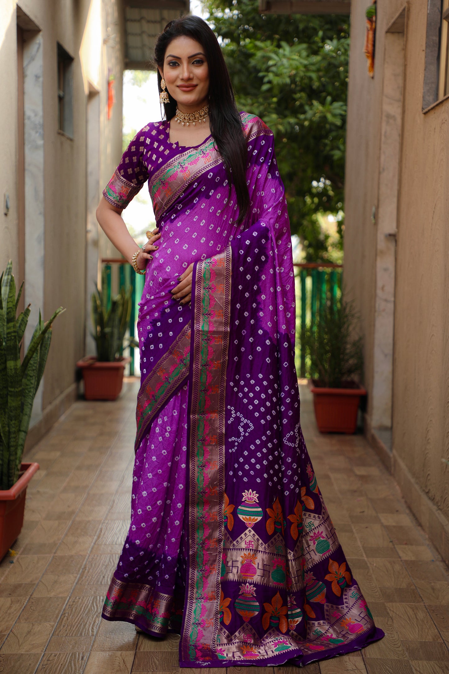 Purple Swastik Pure Bandhej Silk Saree With Minakari Border Kalash & Swastik Design Rich Pallu Saree