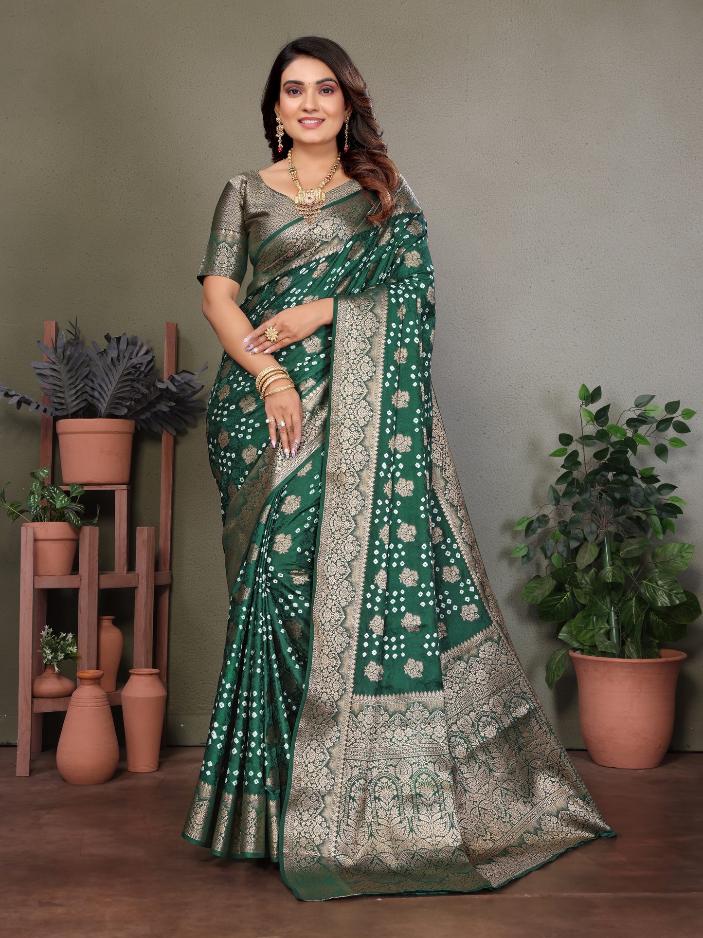 Green Shakuntala Bandhej Silk Saree With Zari Weaving Butta & Zari Rich Pallu With Beautiful Design & Broad Border